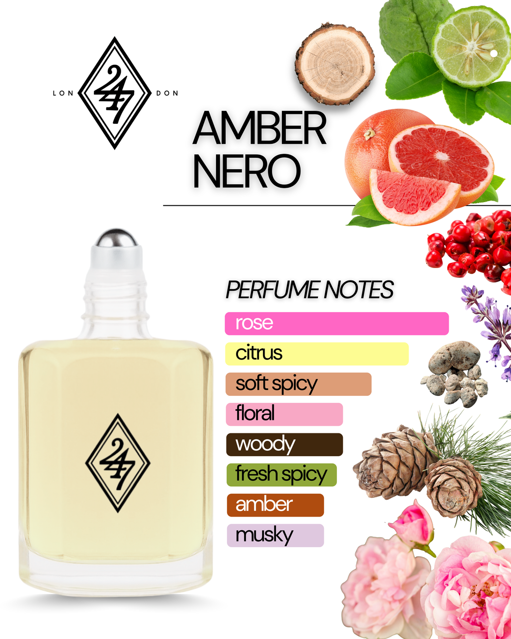 Amber Nero Fragrance Oil – Available in 3ml, 6ml, 12ml & 24ml. A refined amber oil with florals, musk & spice. Elegant, sensual & long-lasting.