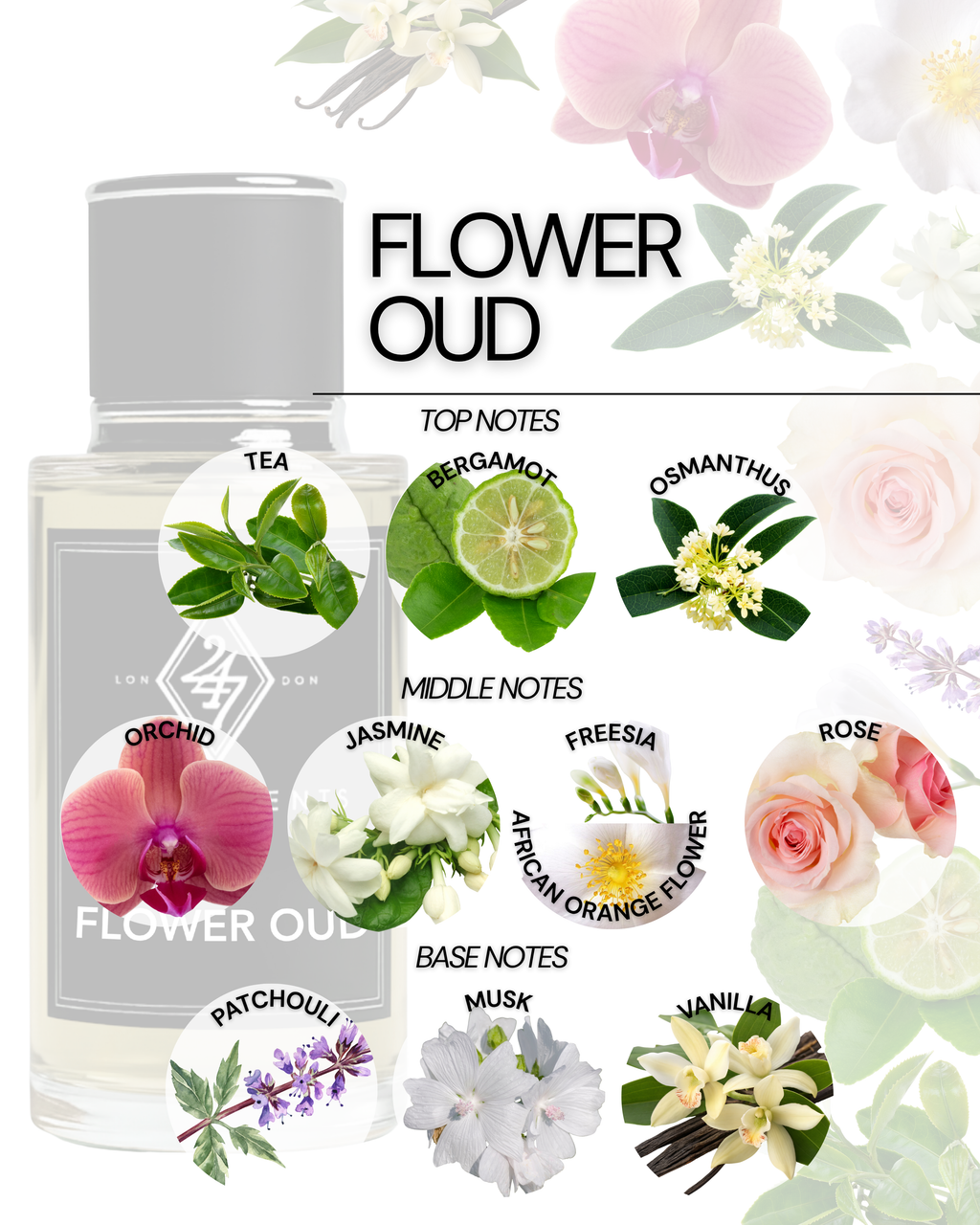 Flower Oud Eau de Parfum (50ml). A radiant floral fragrance with bergamot, jasmine, rose, and vanilla. Elegant, long-lasting, and luxurious.