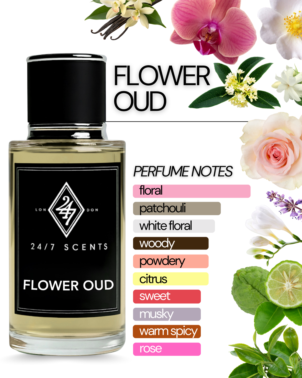 Flower Oud Eau de Parfum (50ml). A radiant floral fragrance with bergamot, jasmine, rose, and vanilla. Elegant, long-lasting, and luxurious.