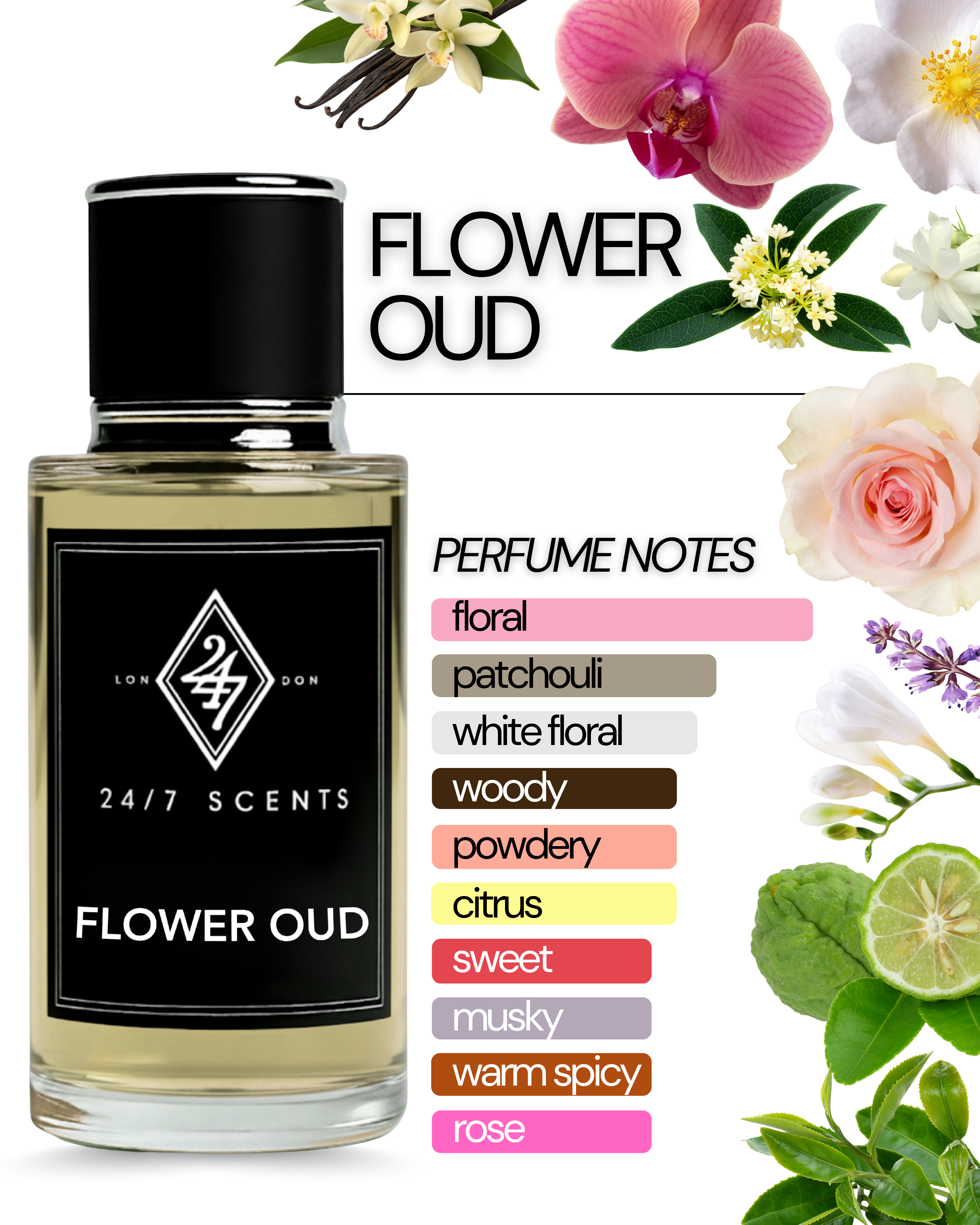 Flower Oud Eau de Parfum (50ml). A radiant floral fragrance with bergamot, jasmine, rose, and vanilla. Elegant, long-lasting, and luxurious.