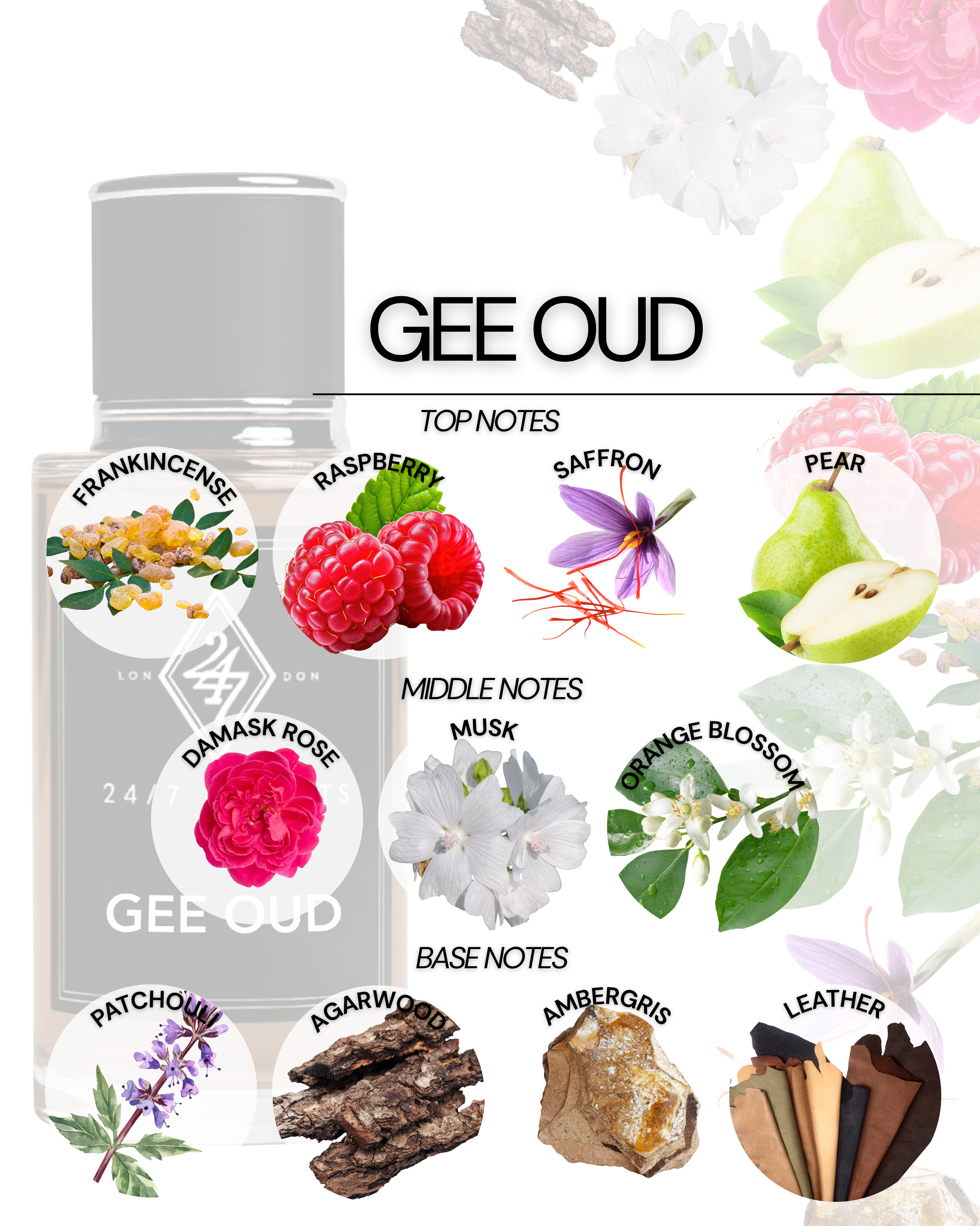 Gee Oud Eau de Parfum (50ml). A bold oud fragrance with raspberry, saffron, rose, and leather on a rich woody base. Powerful, elegant, and long-lasting.