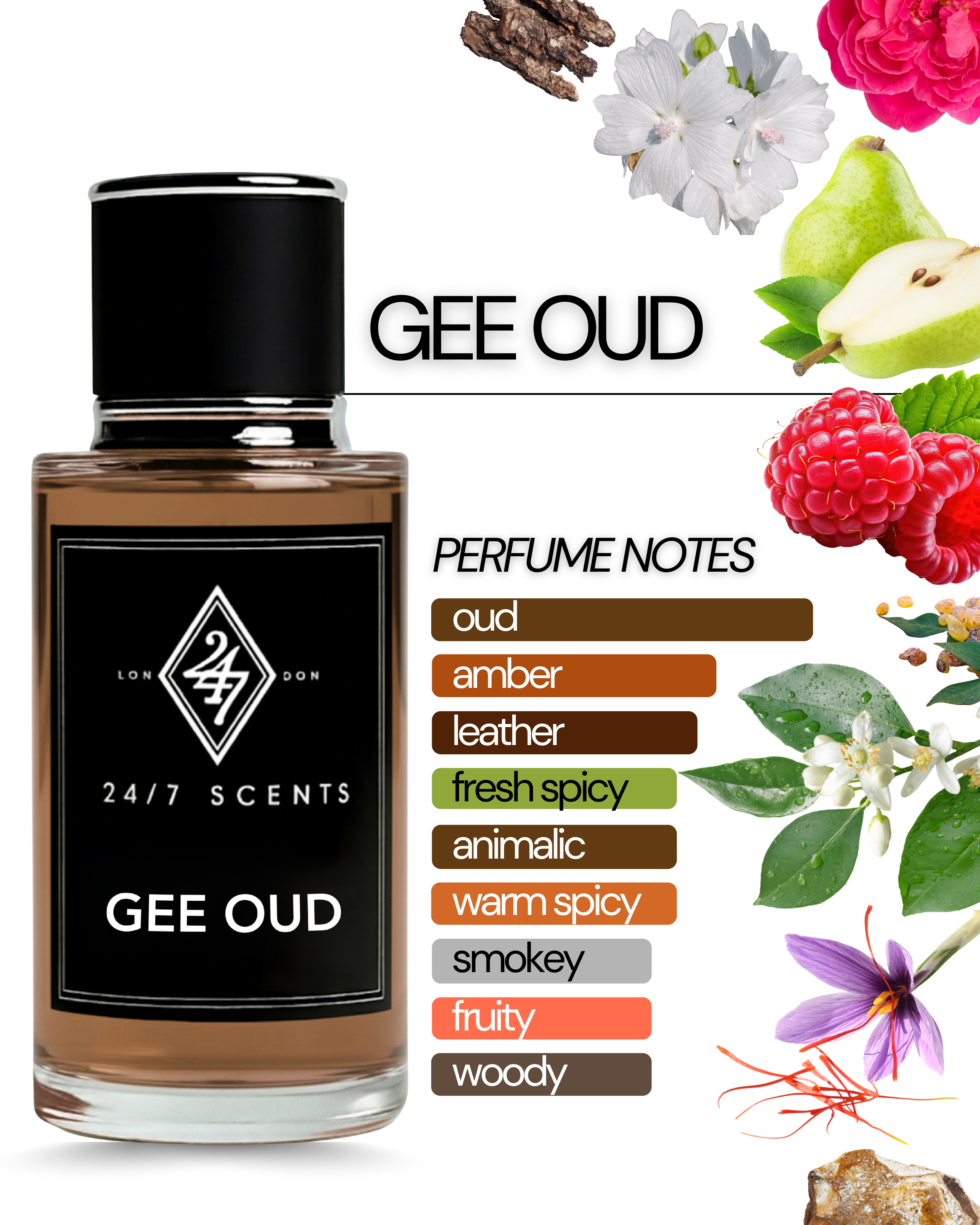 Gee Oud Eau de Parfum (50ml). A bold oud fragrance with raspberry, saffron, rose, and leather on a rich woody base. Powerful, elegant, and long-lasting.