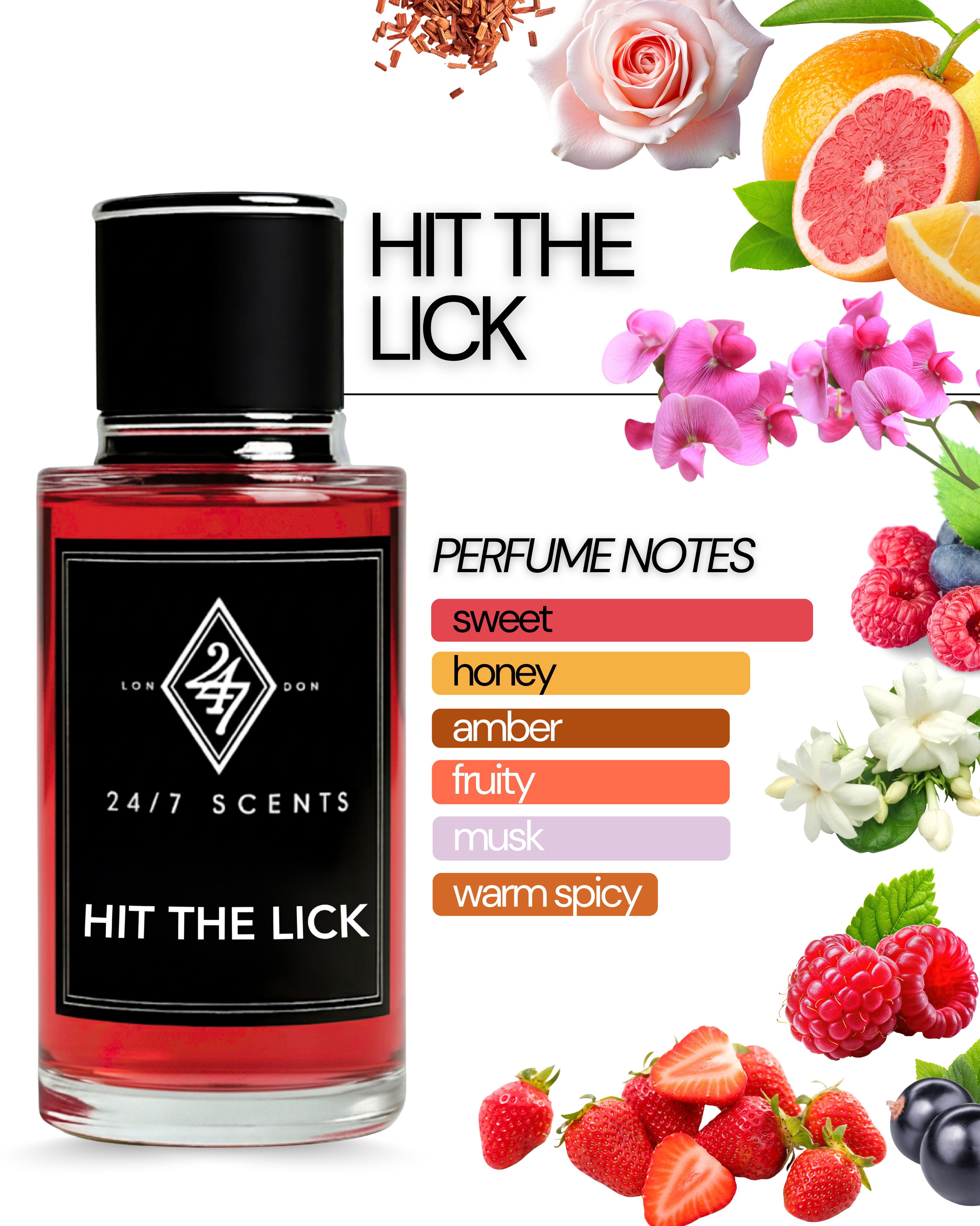 Hit The Lick Eau de Parfum (50ml). A fruity-floral fragrance with strawberry, jasmine, rose, and sandalwood. Playful, elegant, and long-lasting.