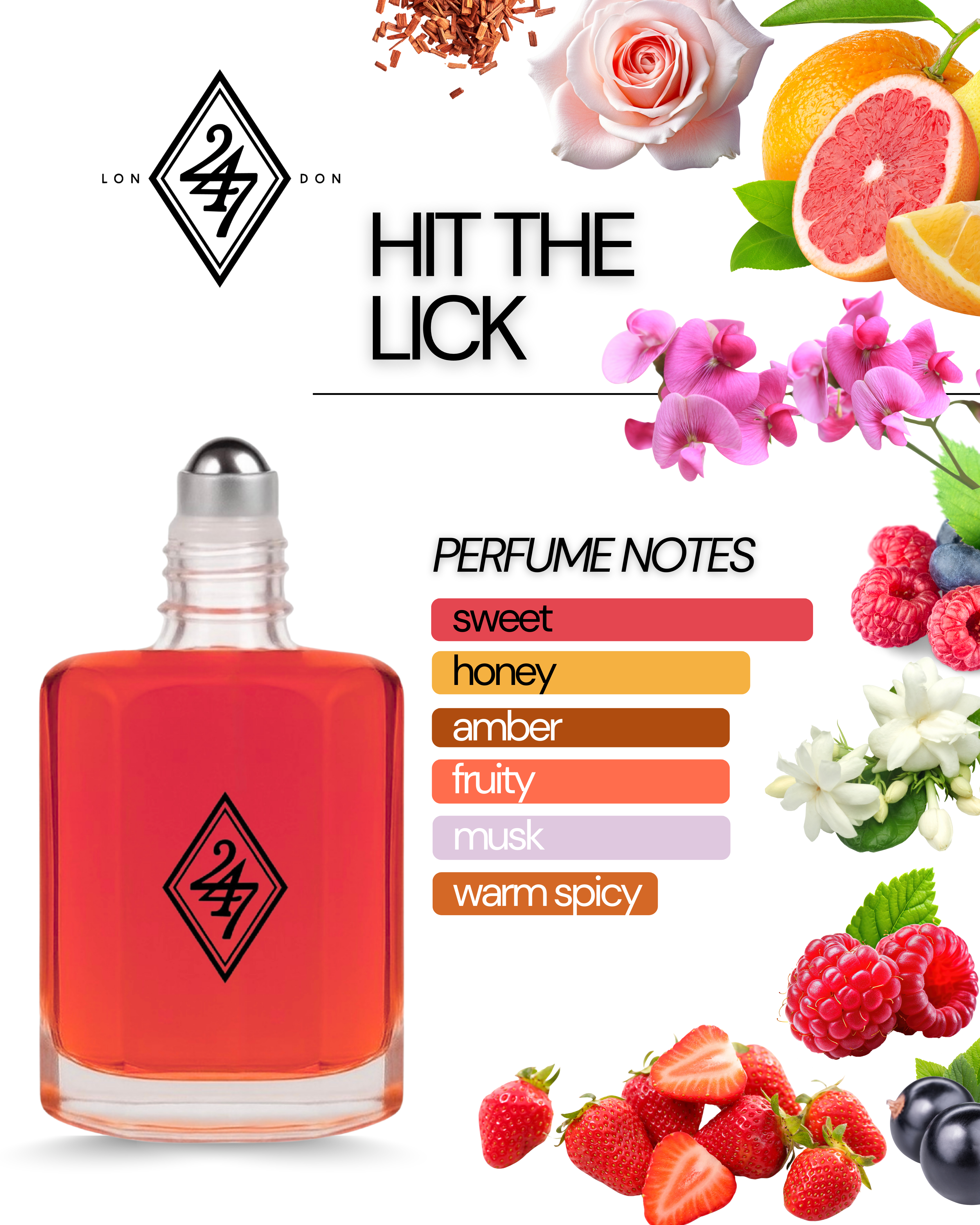 Hit The Lick Fragrance Oil – Available in 3ml, 6ml, 12ml & 24ml. A fruity-floral oil with strawberry, jasmine, rose & sandalwood. Playful & long-lasting.