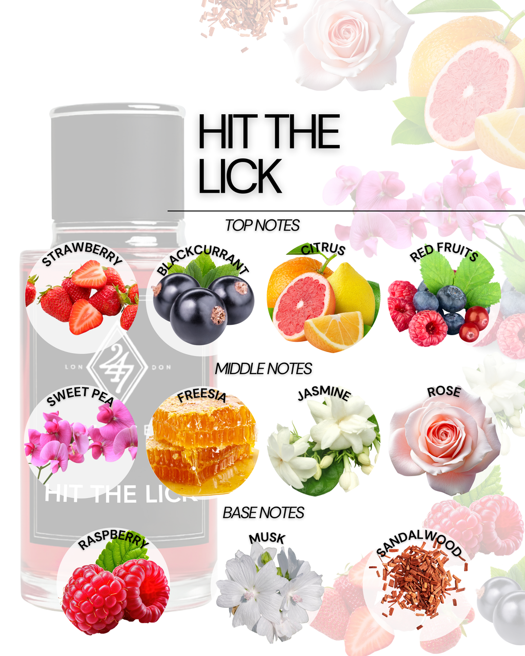Hit The Lick Eau de Parfum (50ml). A fruity-floral fragrance with strawberry, jasmine, rose, and sandalwood. Playful, elegant, and long-lasting.