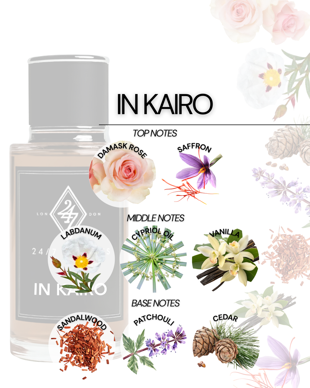 In Kairo Eau de Parfum (50ml). A refined fragrance with rose, saffron, vanilla, and sandalwood. Elegant, long-lasting, and sophisticated.