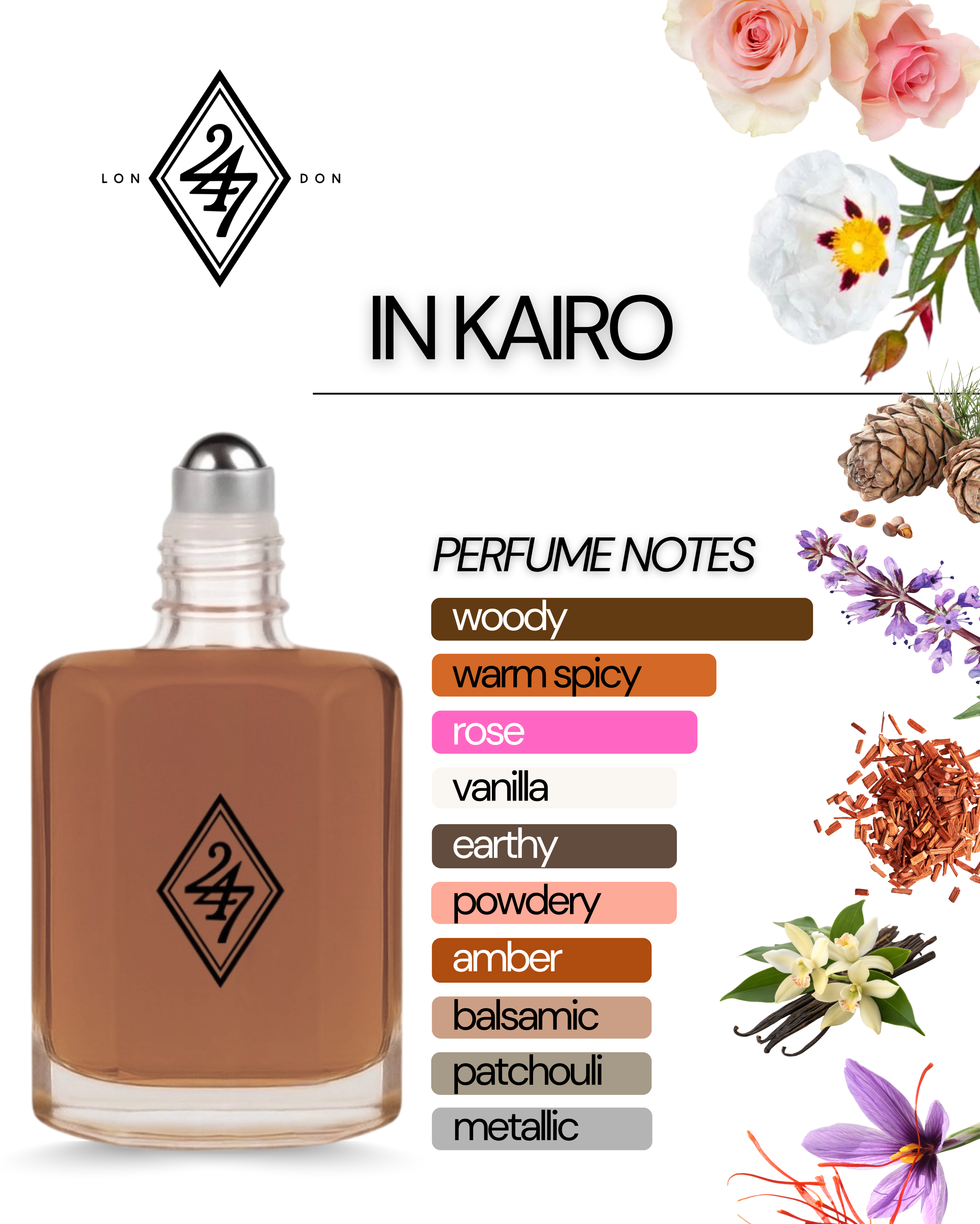 In Kairo Fragrance Oil – Available in 3ml, 6ml, 12ml & 24ml. A luxurious blend of rose, saffron, vanilla & woods. Bold, elegant & long-lasting.