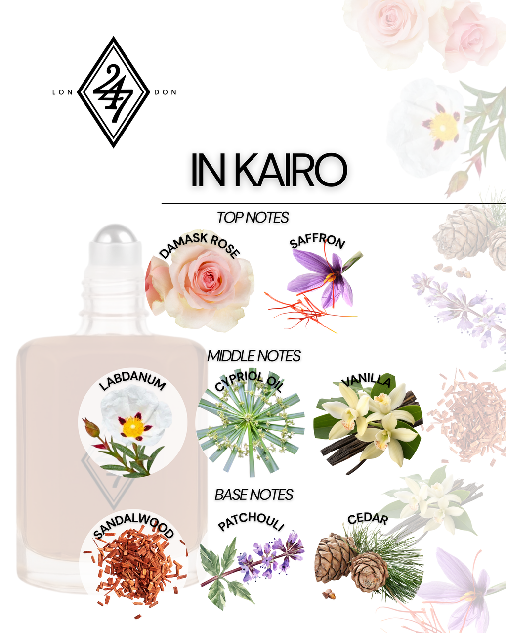 In Kairo Fragrance Oil – Available in 3ml, 6ml, 12ml & 24ml. A luxurious blend of rose, saffron, vanilla & woods. Bold, elegant & long-lasting.