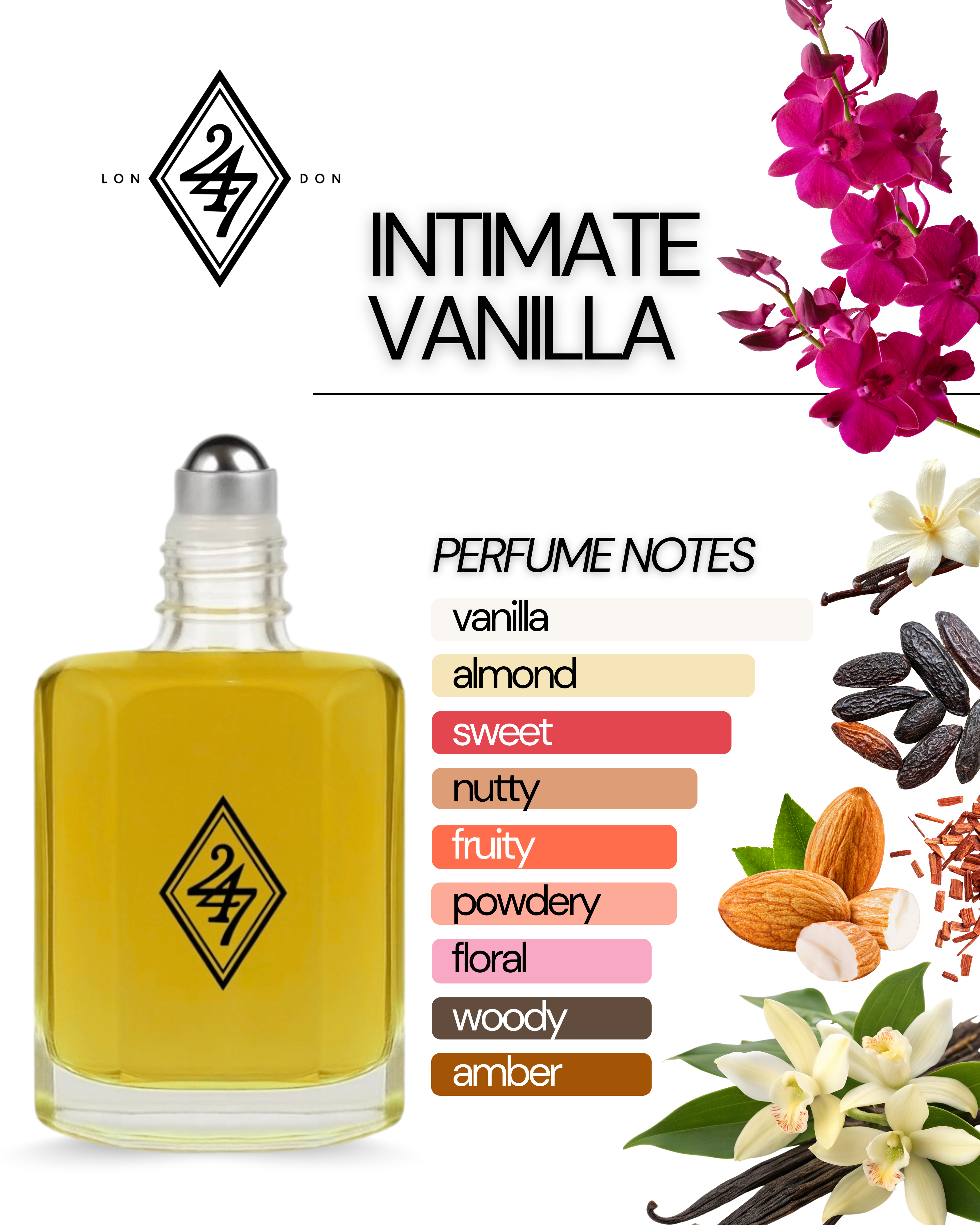 Intimate Vanilla Fragrance Oil – Available in 3ml, 6ml, 12ml & 24ml. A rich vanilla oil with almond, sandalwood & tonka bean. Sensual, elegant & long-lasting.