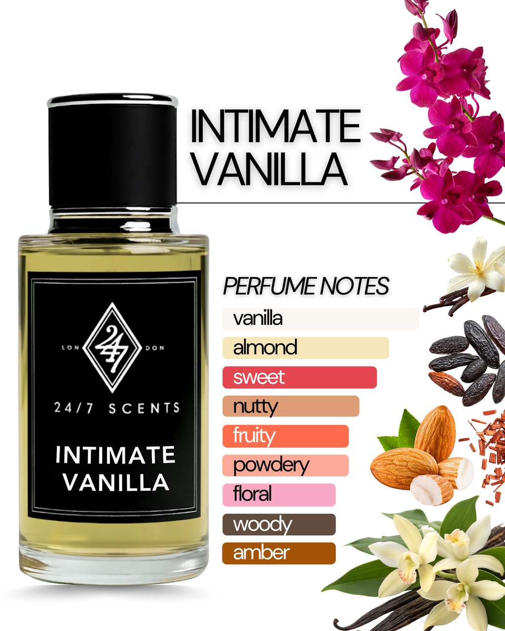 Intimate Vanilla Eau de Parfum (50ml). A sensual vanilla fragrance with almond, sandalwood, and tonka bean. Warm, elegant, and long-lasting.