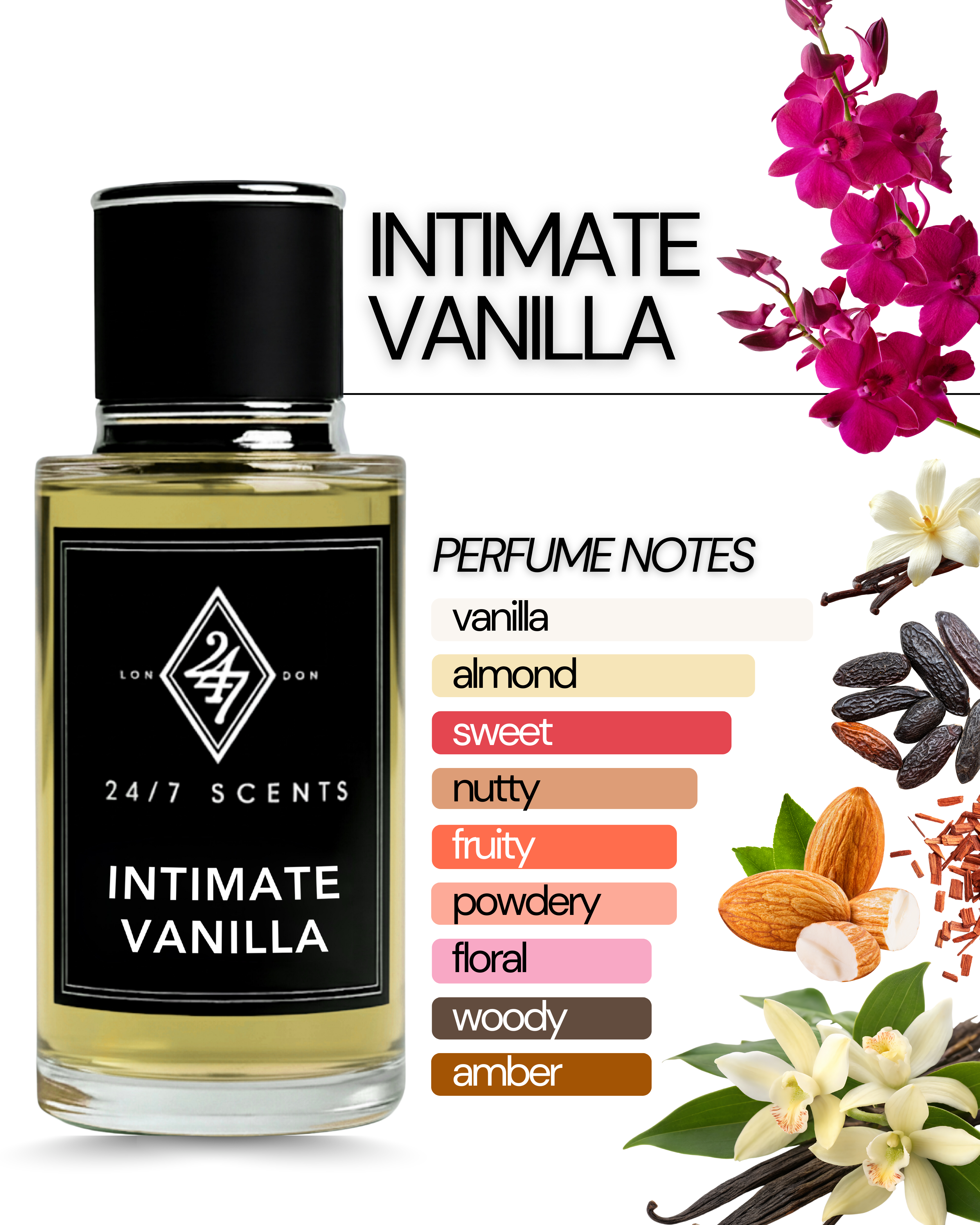 Intimate Vanilla Eau de Parfum (50ml). A sensual vanilla fragrance with almond, sandalwood, and tonka bean. Warm, elegant, and long-lasting.