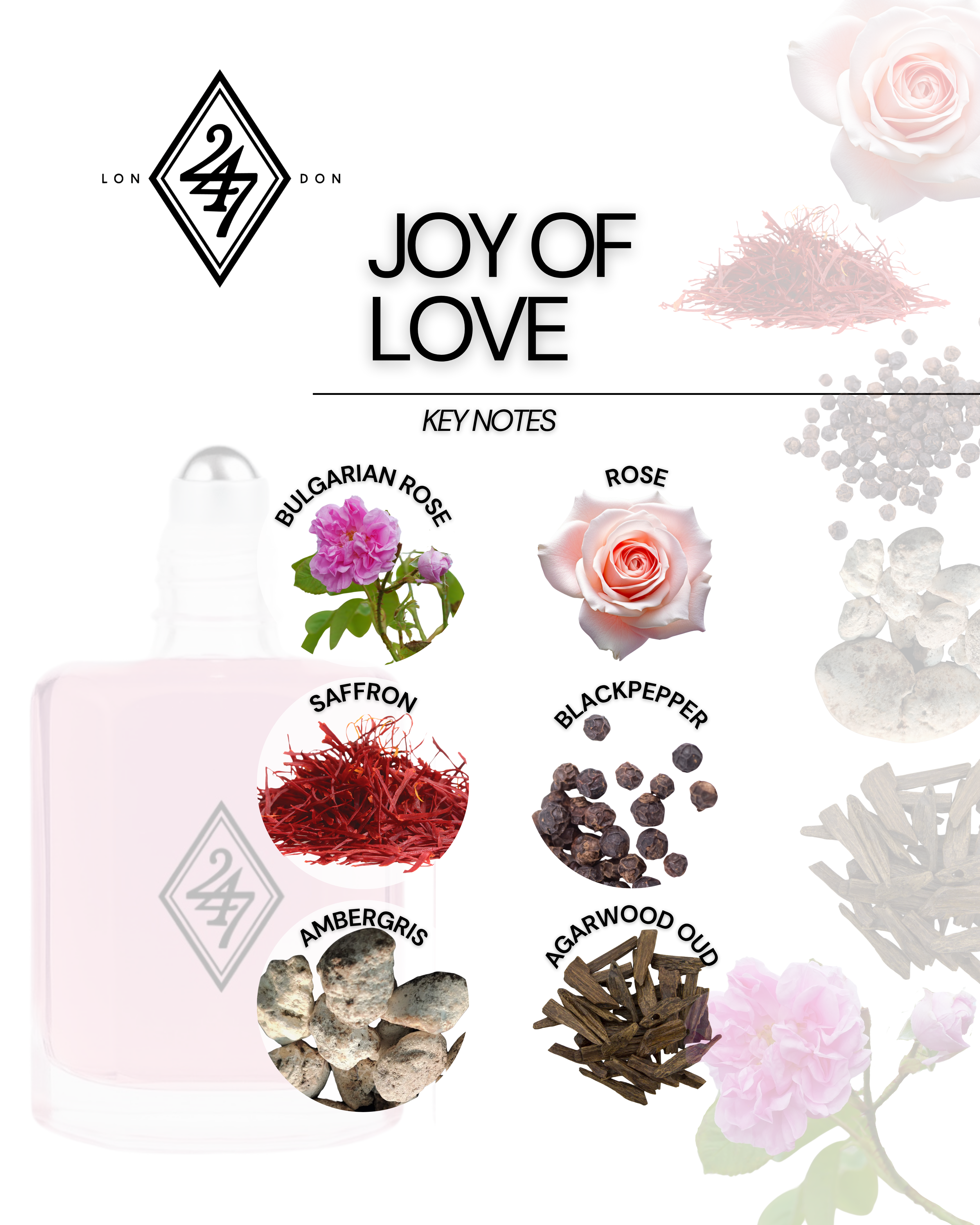 Joy of Love fragrance oil is a luxurious rose-oud blend with saffron, ambergris, and smoky agarwood. Available in 3ml, 6ml, 12ml, and 24ml sizes. Long-lasting, alcohol-free, and perfect for men and women.