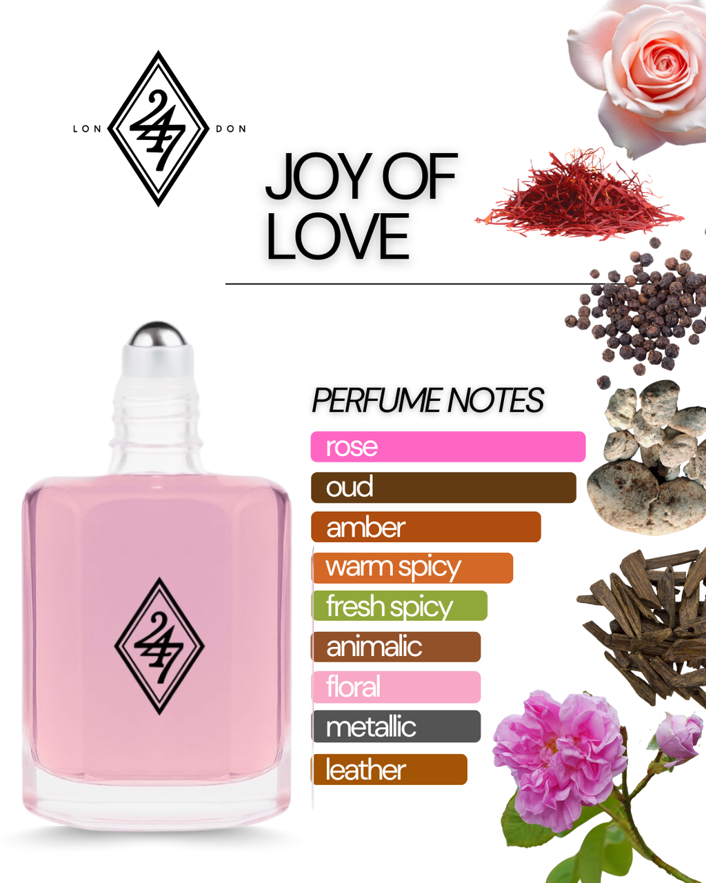 Joy of Love fragrance oil is a luxurious rose-oud blend with saffron, ambergris, and smoky agarwood. Available in 3ml, 6ml, 12ml, and 24ml sizes. Long-lasting, alcohol-free, and perfect for men and women.