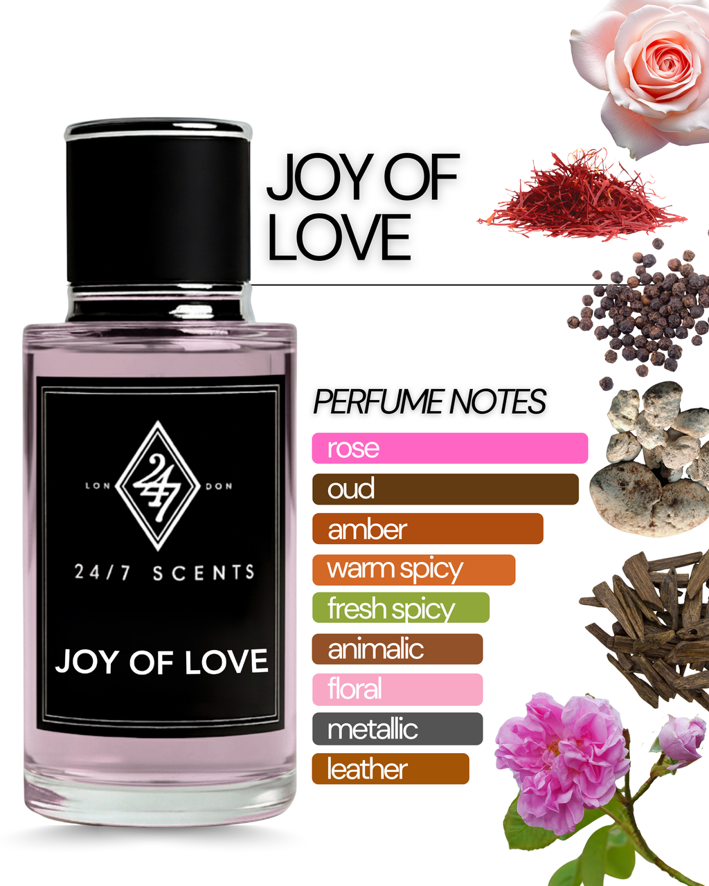 Joy of Love Eau de Parfum (50ml). A luxurious rose and oud fragrance with saffron, ambergris, and black pepper. Elegant, powerful, and long-lasting.