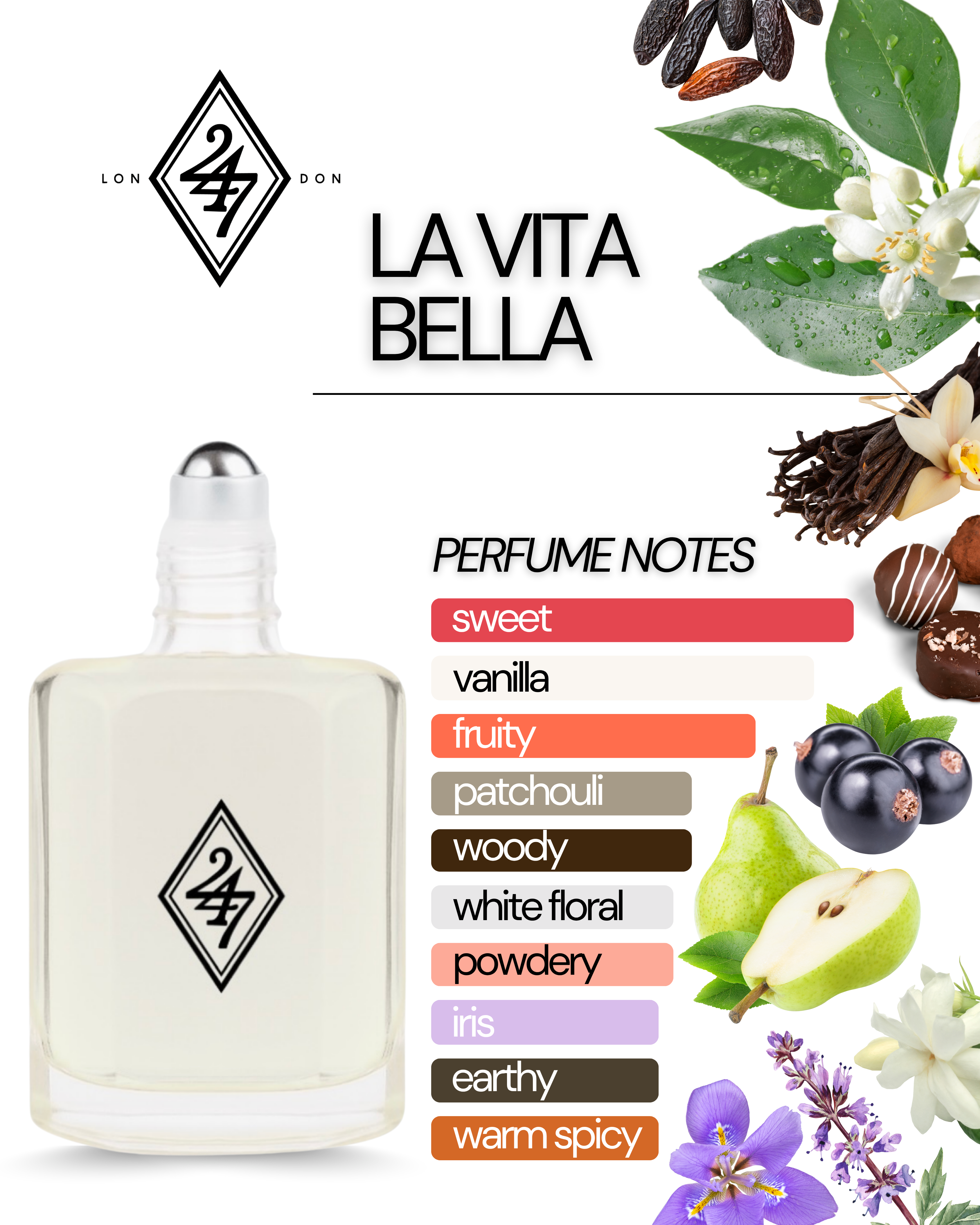 La Vita Bella Perfume Oil – Alcohol-free, long-lasting fragrance oil with blackcurrant & pear, floral iris, jasmine & orange blossom, and a gourmand base of praline, vanilla, patchouli & tonka bean. Available in 3ml, 6ml, 12ml & 24ml sizes.