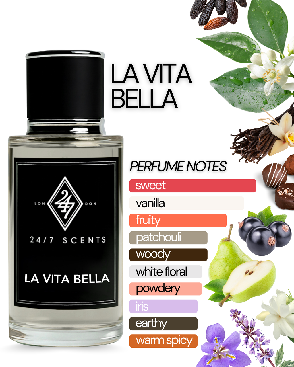 La Vita Bella Eau de Parfum 50ml – A women’s fragrance with blackcurrant & pear, floral iris, jasmine & orange blossom, and a warm praline, vanilla, patchouli & tonka bean base. Sweet, elegant & long-lasting.