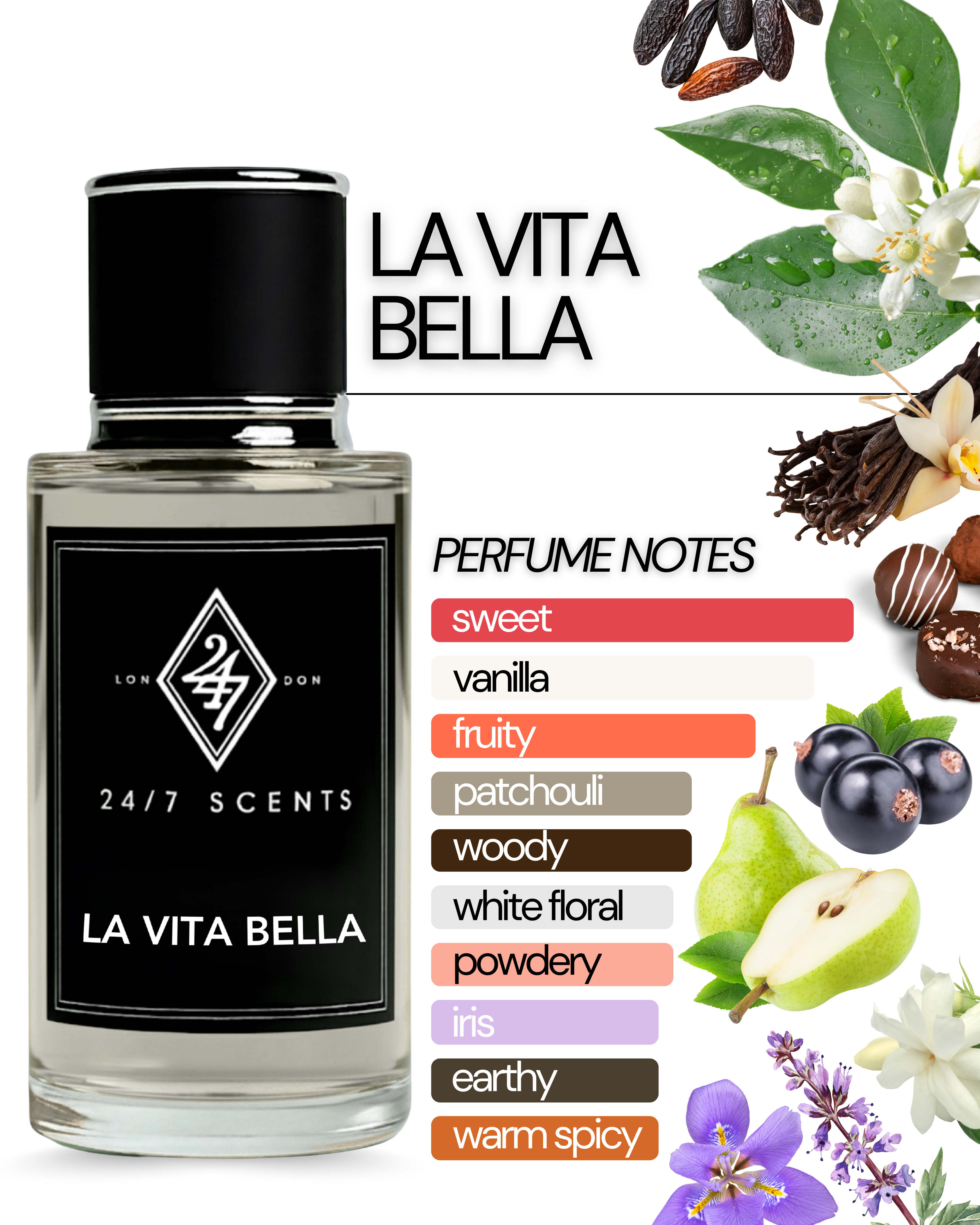 La Vita Bella Eau de Parfum 50ml – A women’s fragrance with blackcurrant & pear, floral iris, jasmine & orange blossom, and a warm praline, vanilla, patchouli & tonka bean base. Sweet, elegant & long-lasting.