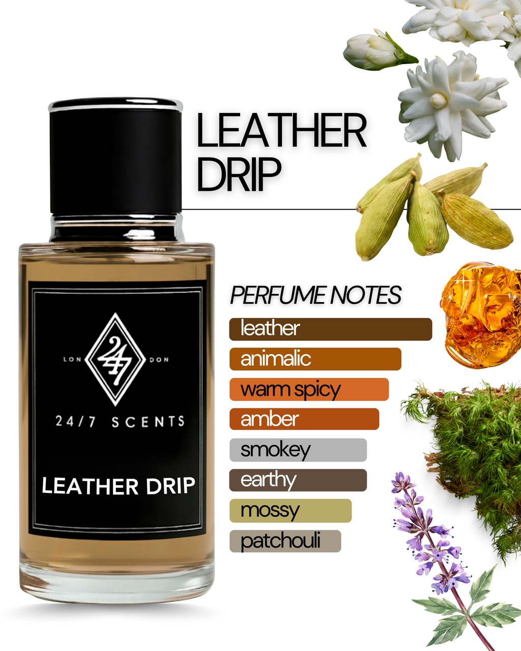 Leather Drip Eau de Parfum (50ml). A bold leather fragrance with cardamom, jasmine, amber, and patchouli. Strong, refined, and long-lasting.