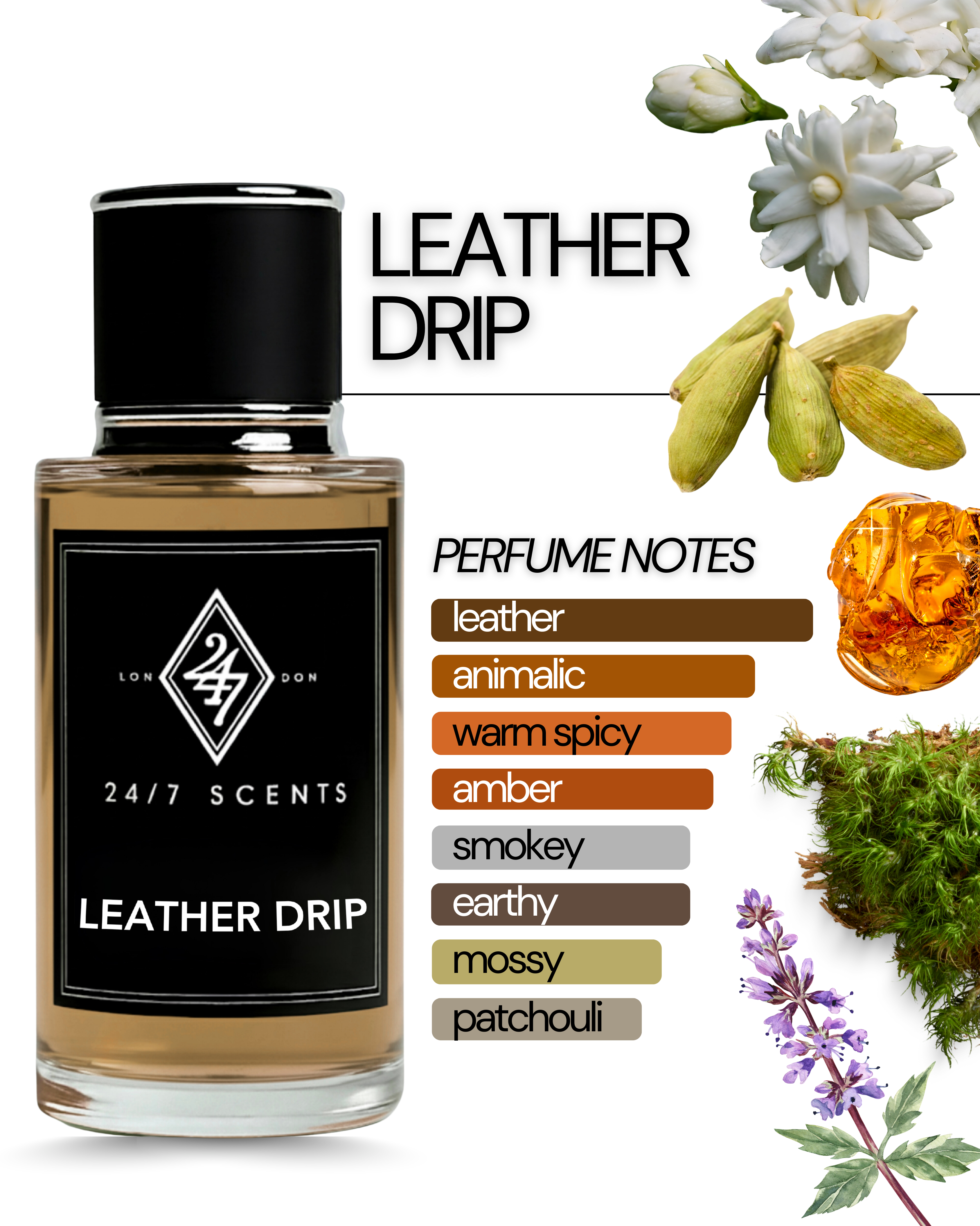 Leather Drip Eau de Parfum (50ml). A bold leather fragrance with cardamom, jasmine, amber, and patchouli. Strong, refined, and long-lasting.