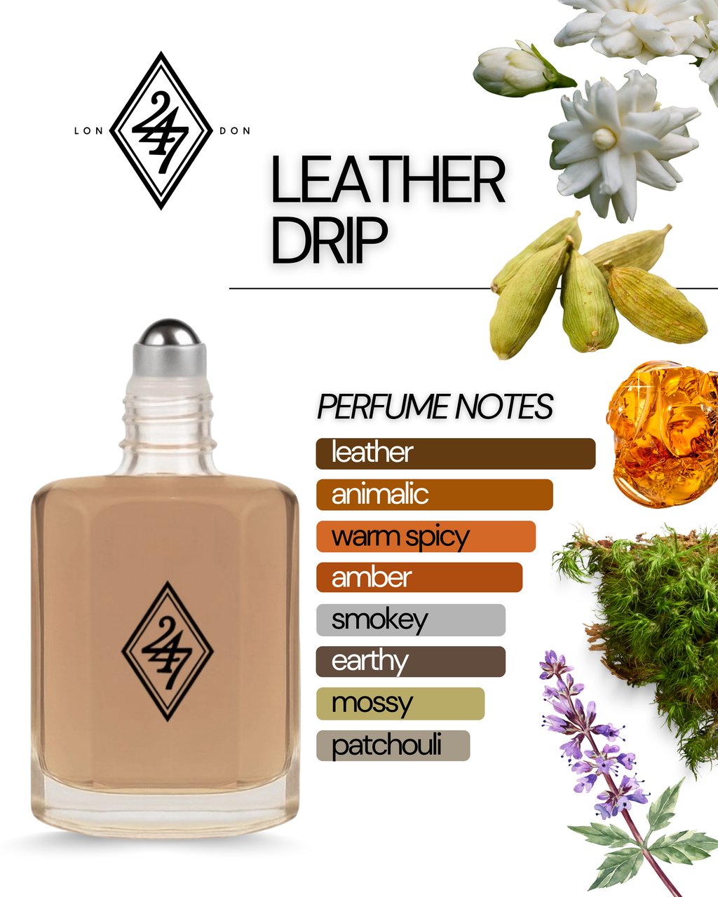 Leather Drip Fragrance Oil – Available in 3ml, 6ml, 12ml & 24ml. A bold leather oil with cardamom, jasmine & patchouli. Elegant, powerful & long-lasting.