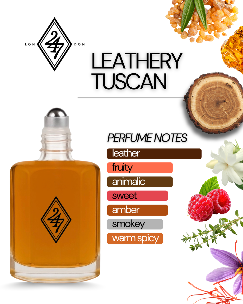 Leathery Tuscan Fragrance Oil – Available in 3ml, 6ml, 12ml & 24ml. A bold leather fragrance with saffron, jasmine & amber. Powerful, elegant & long-lasting.