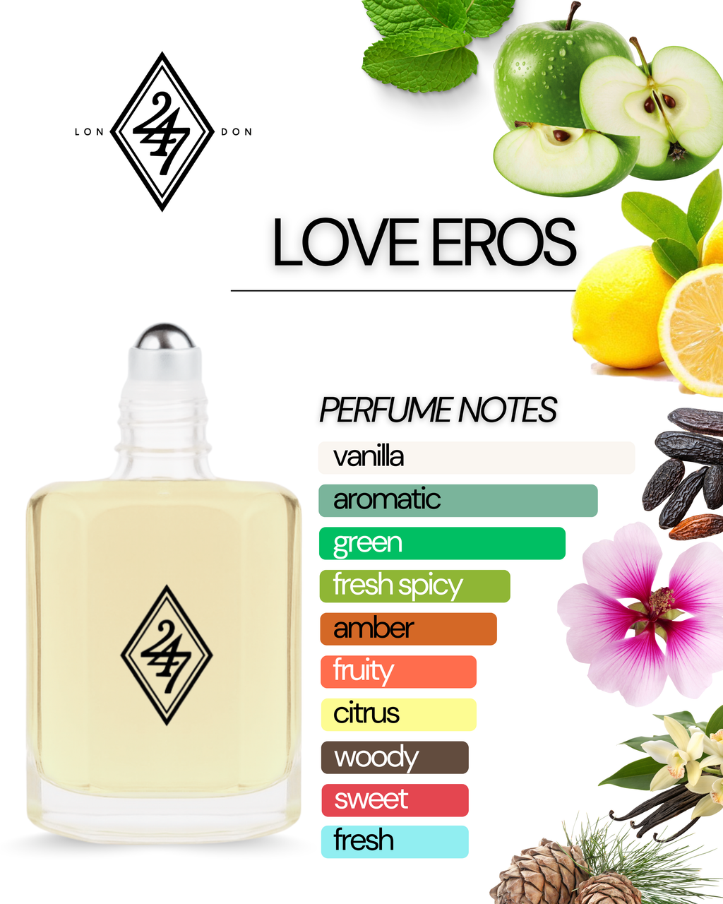 Love Eros Perfume Oil – a long-lasting men’s fragrance with mint, lemon, and tonka bean. Alcohol-free and available in 3ml, 6ml, 12ml & 24ml sizes.