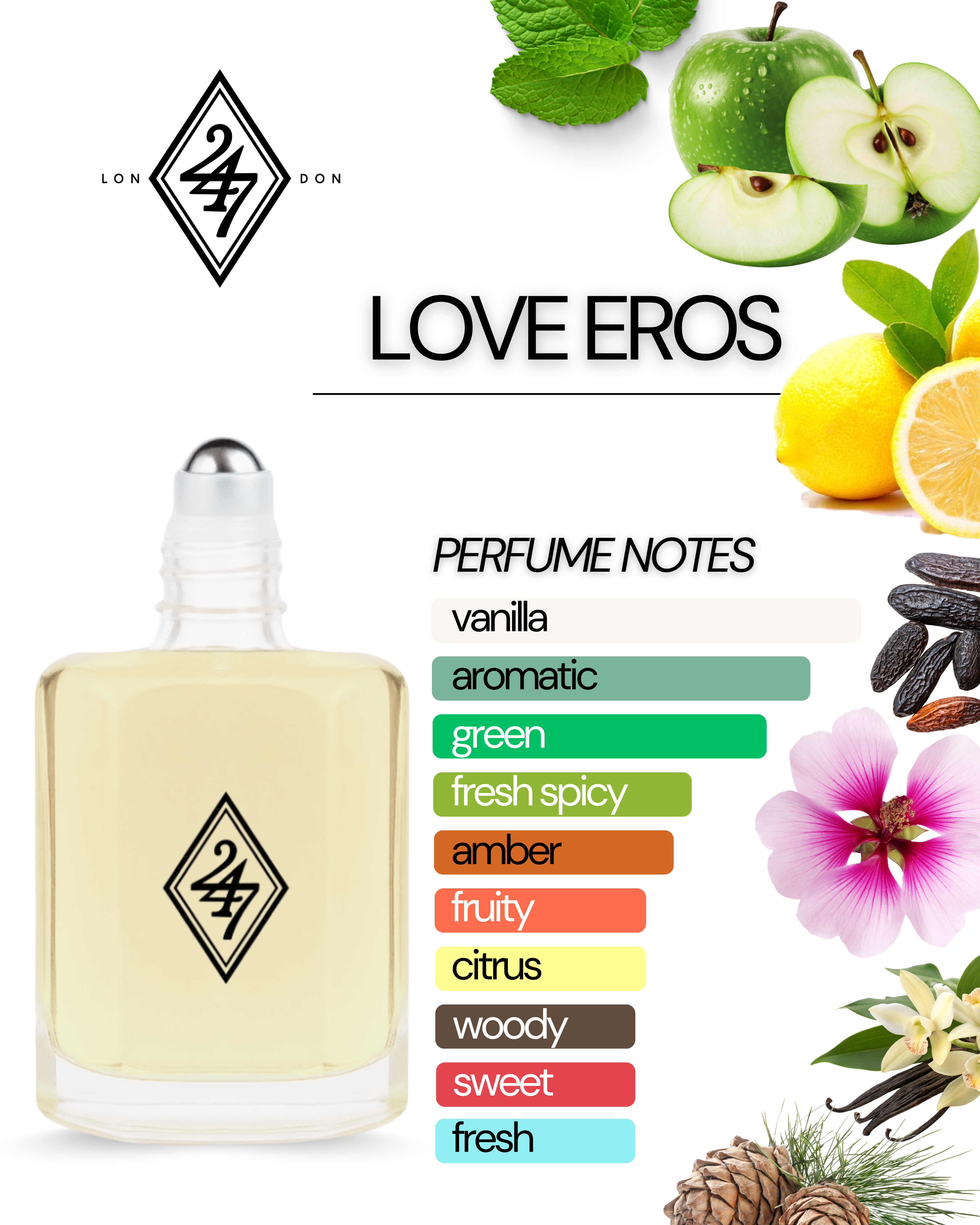 Love Eros Perfume Oil – a long-lasting men’s fragrance with mint, lemon, and tonka bean. Alcohol-free and available in 3ml, 6ml, 12ml & 24ml sizes.