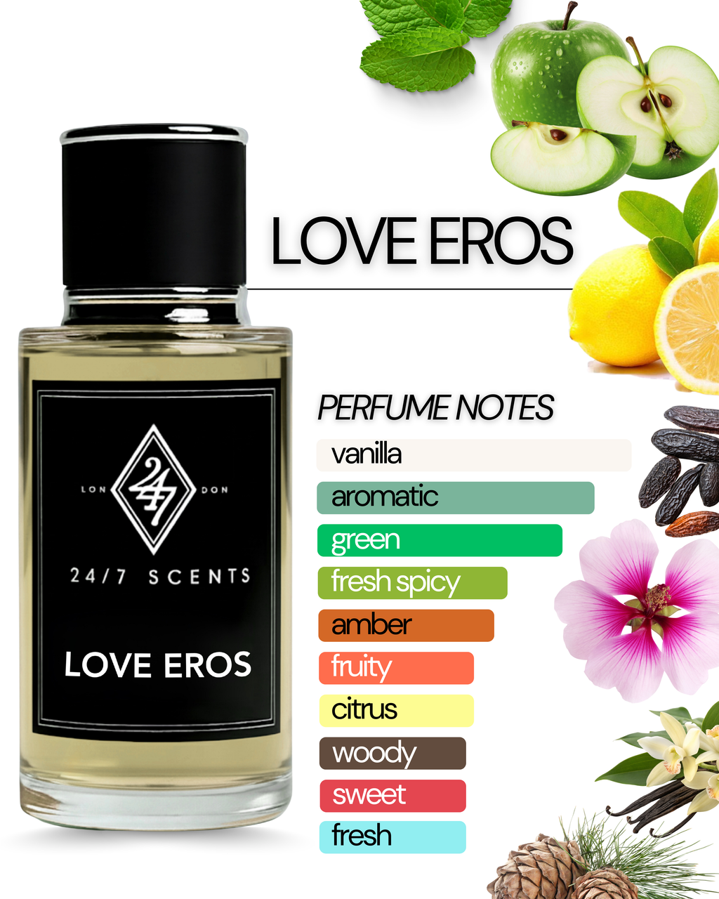 Love Eros 50ml Perfume – a bold and long-lasting fragrance with mint, lemon, ambroxan & vanilla. Fresh, woody, and irresistibly masculine.