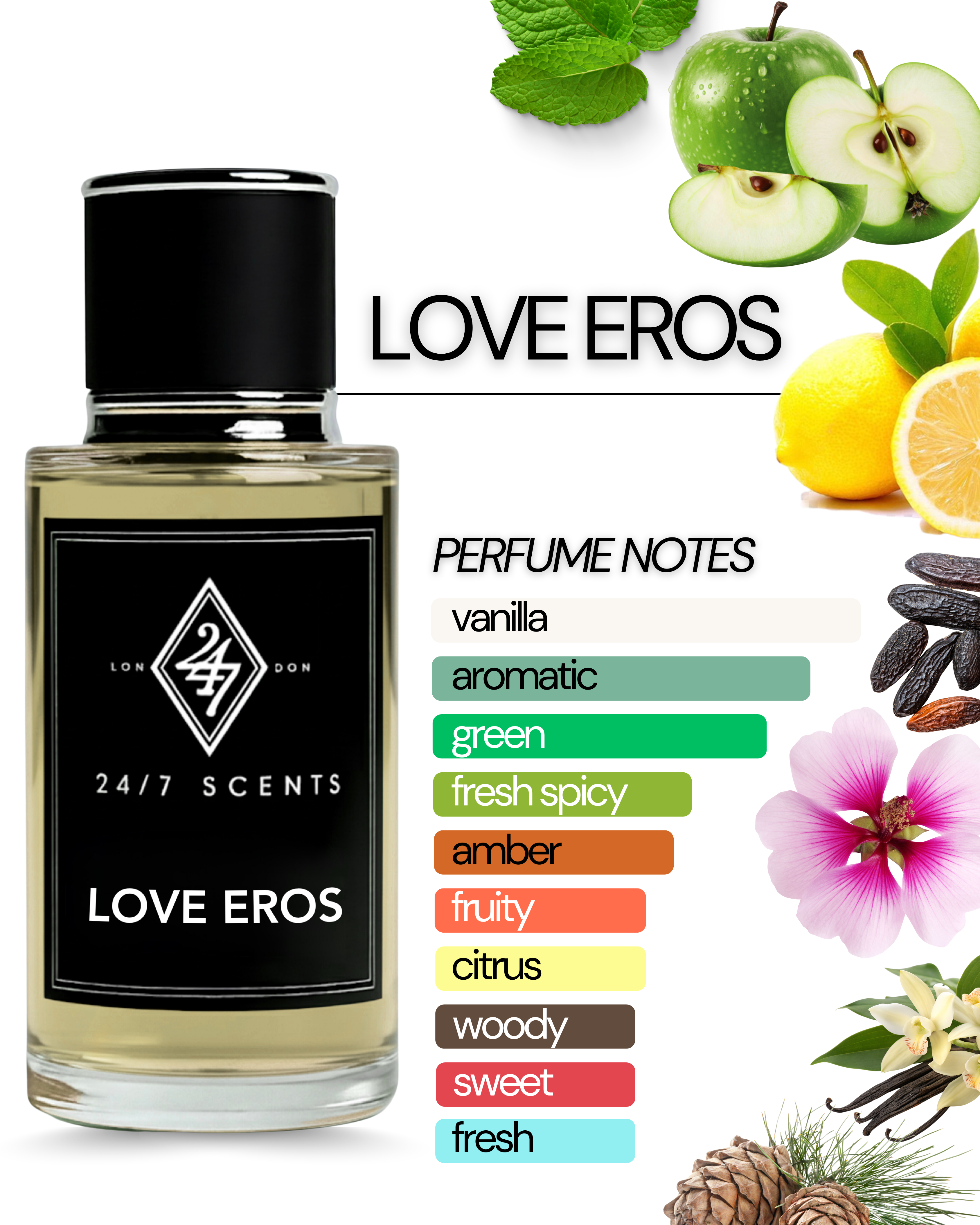 Love Eros 50ml Perfume – a bold and long-lasting fragrance with mint, lemon, ambroxan & vanilla. Fresh, woody, and irresistibly masculine.
