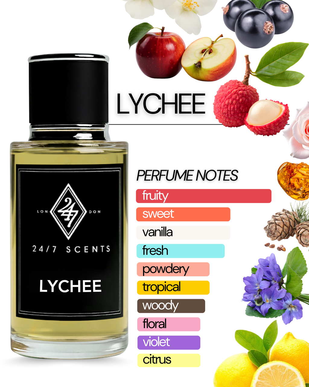 Lychee Eau de Parfum (50ml) – a fruity-floral blend of lychee, rose & vanilla with warm amber and musk. Fresh, elegant & long-lasting fragrance.