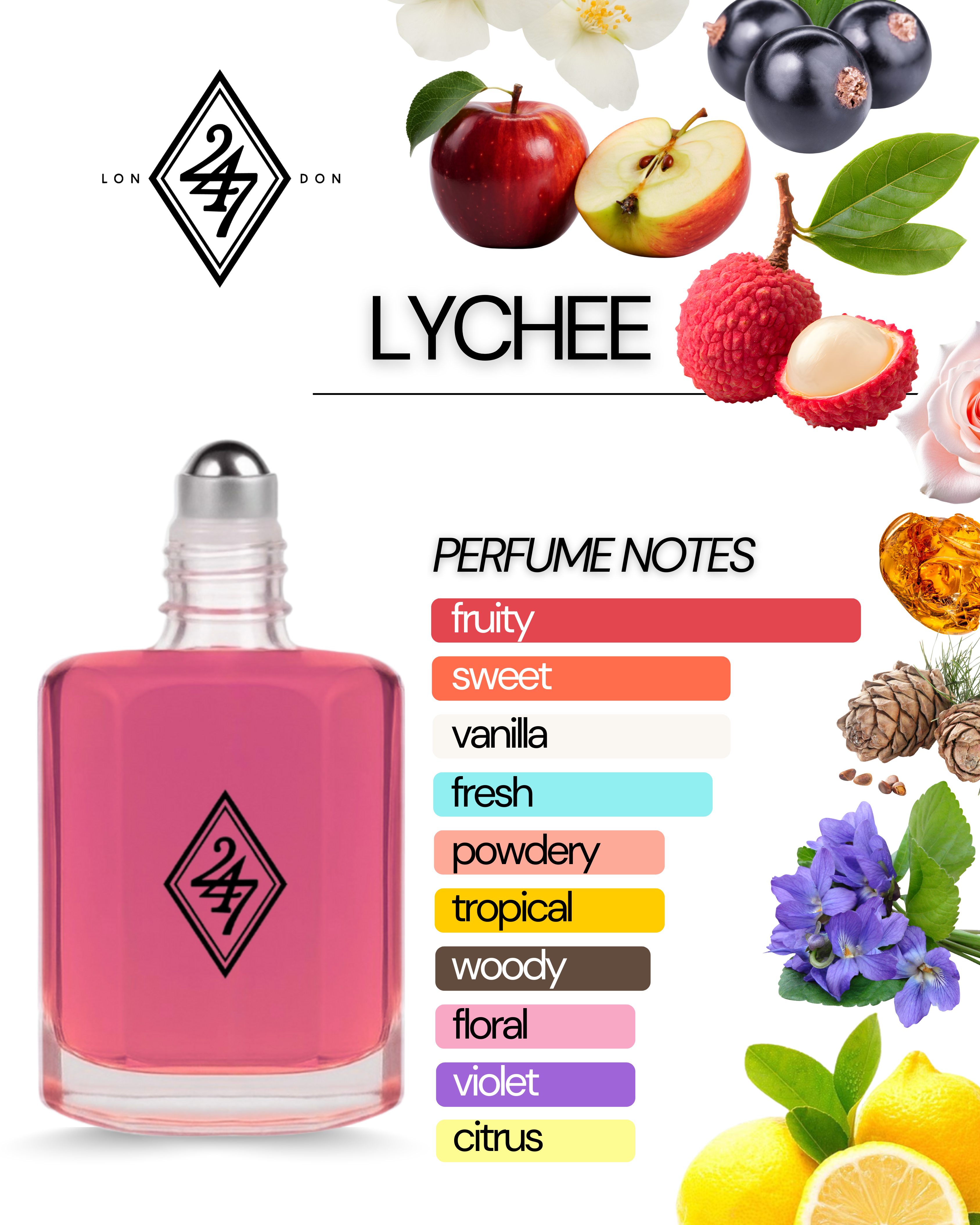 Lychee Perfume Oil – a long-lasting fruity-floral blend of lychee, rose, vanilla & amber. Alcohol-free and available in 3ml, 6ml, 12ml & 24ml sizes.