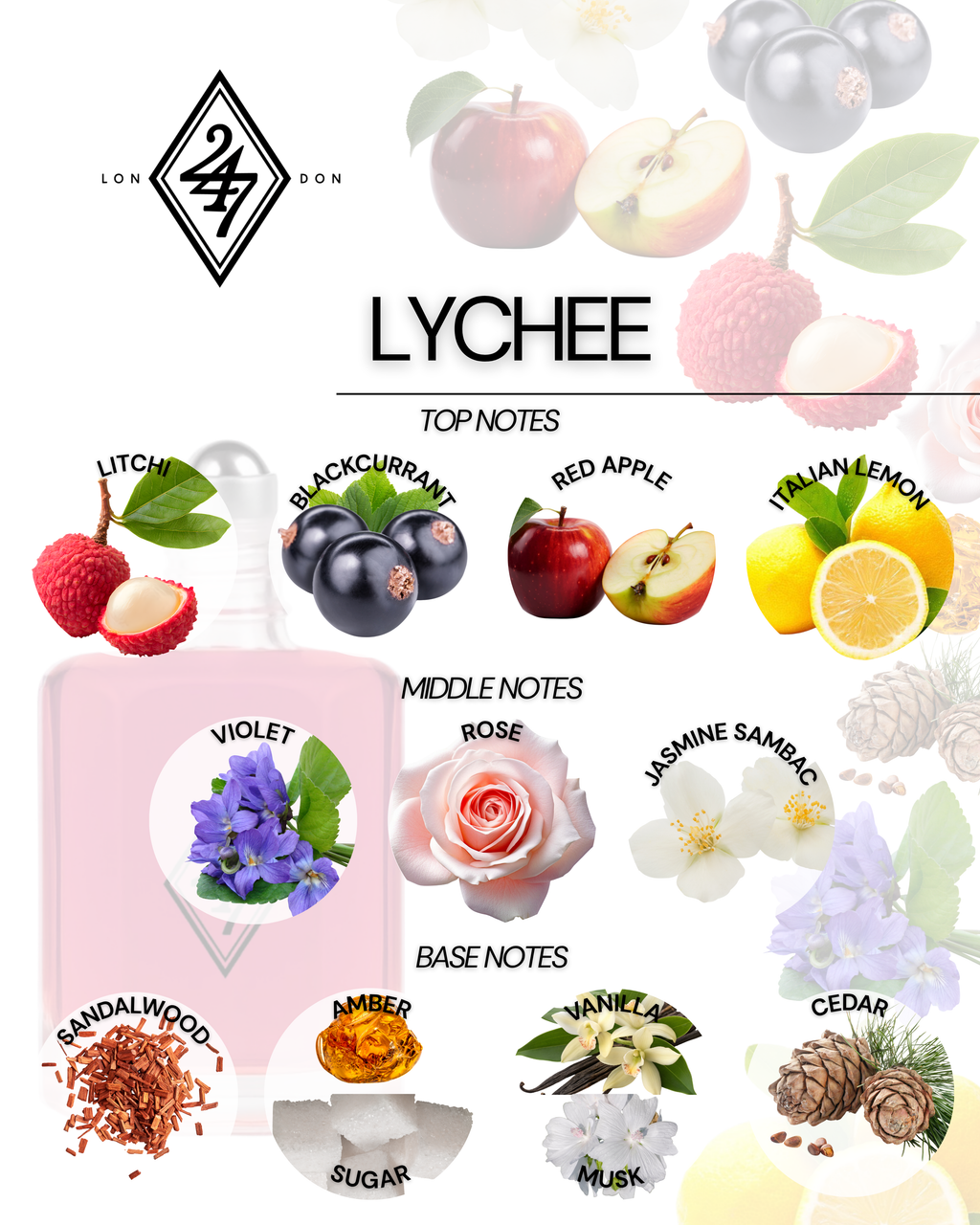Lychee Perfume Oil – a long-lasting fruity-floral blend of lychee, rose, vanilla & amber. Alcohol-free and available in 3ml, 6ml, 12ml & 24ml sizes.