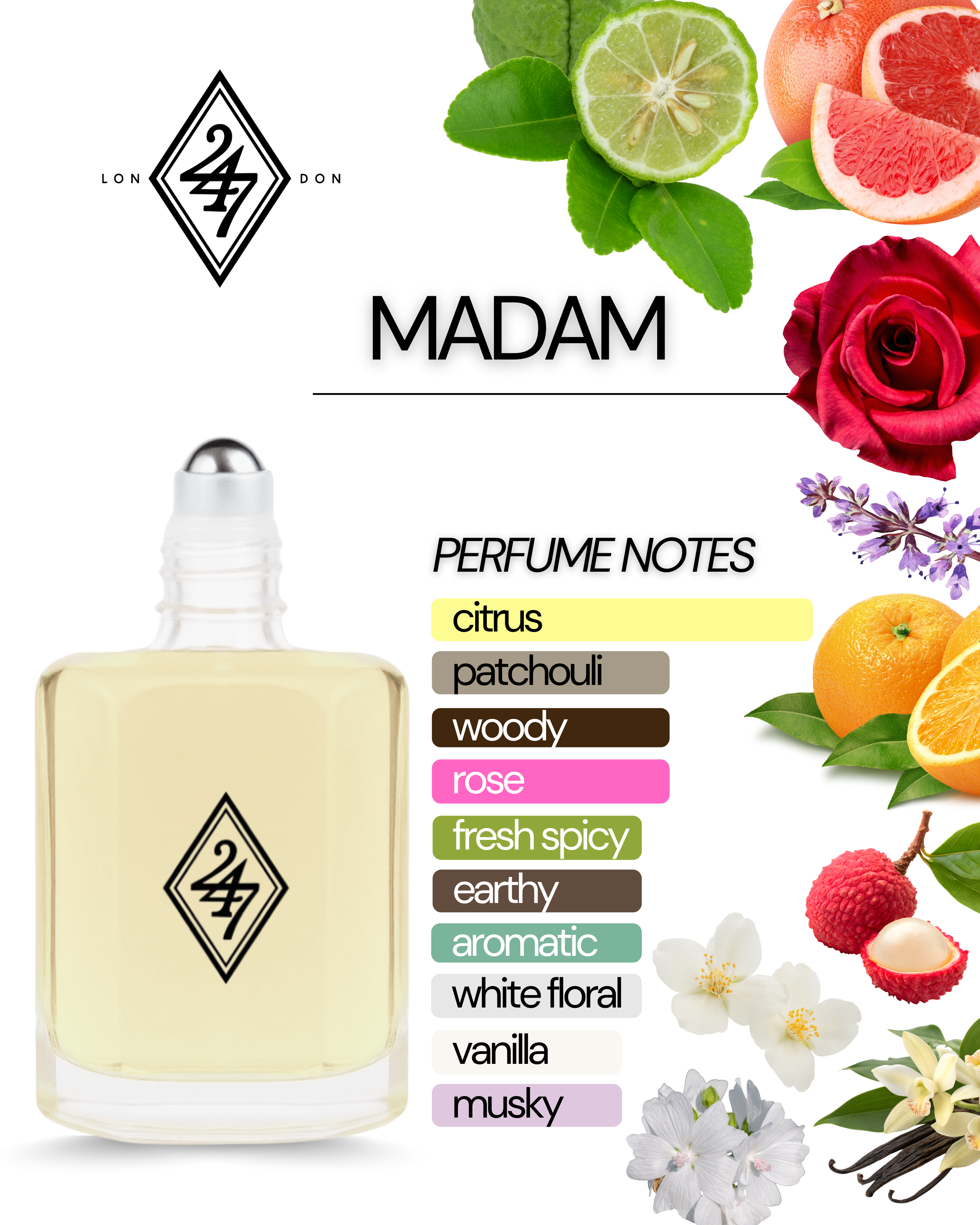 Madam Fragrance Oil – Available in 3ml, 6ml, 12ml & 24ml. A timeless blend of citrus, rose, jasmine & vanilla. Elegant, feminine & long-lasting.