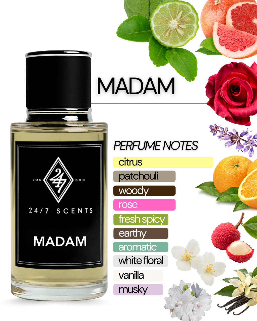 Madam Eau de Parfum (50ml). A timeless fragrance with bergamot, rose, jasmine, and patchouli. Elegant, feminine, and long-lasting.
