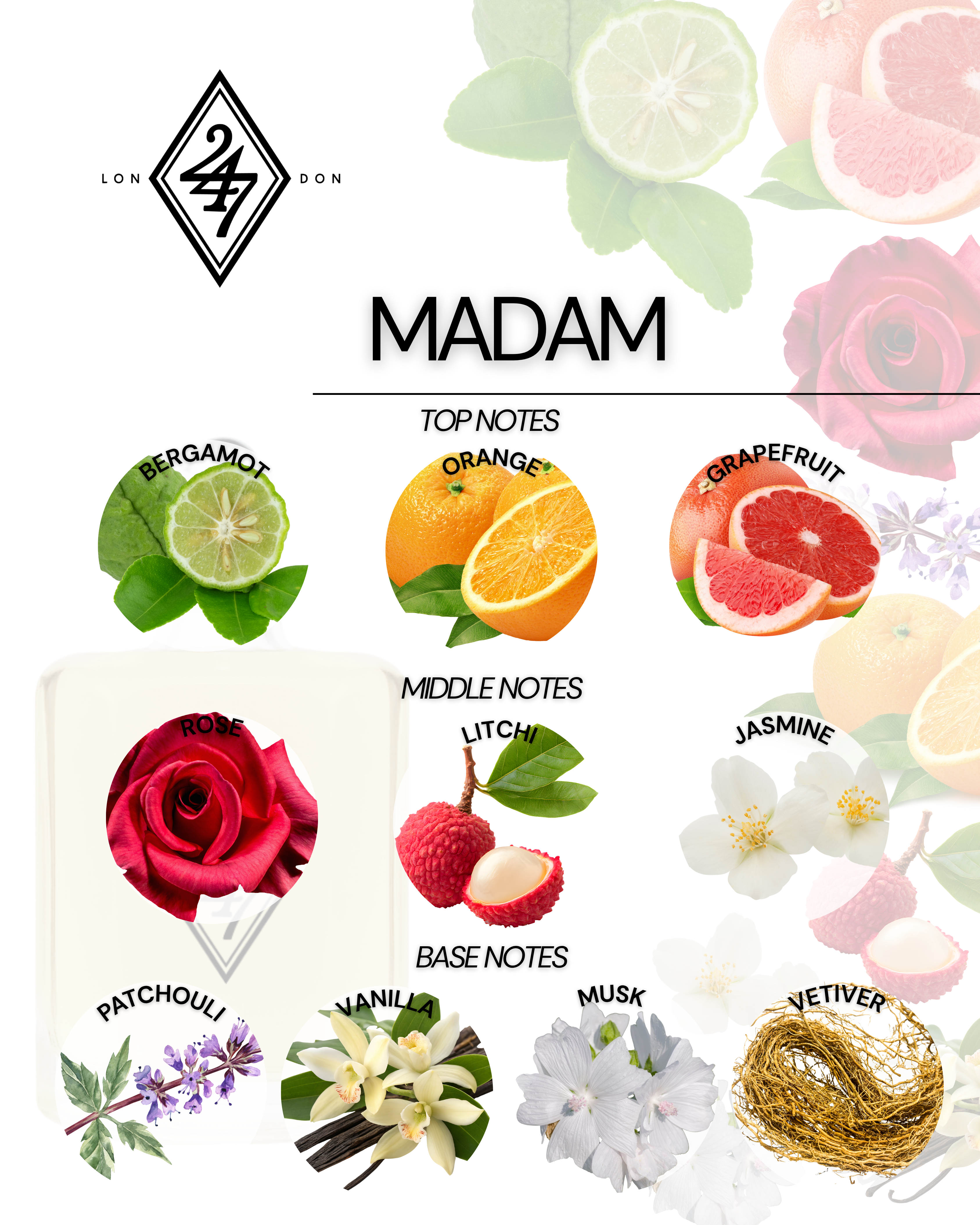 Madam Fragrance Oil – Available in 3ml, 6ml, 12ml & 24ml. A timeless blend of citrus, rose, jasmine & vanilla. Elegant, feminine & long-lasting.