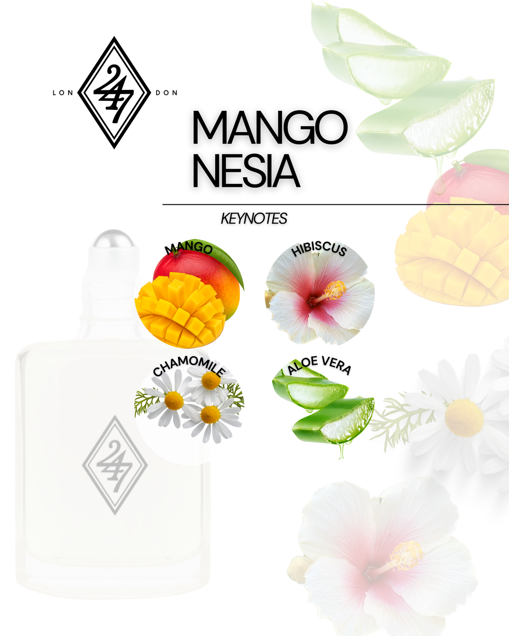 Mango Nesía Perfume Oil – Alcohol-free, long-lasting fragrance oil with mango, hibiscus, chamomile & refreshing aloe vera. Available in 3ml, 6ml, 12ml & 24ml sizes. Sweet, tropical & playful.