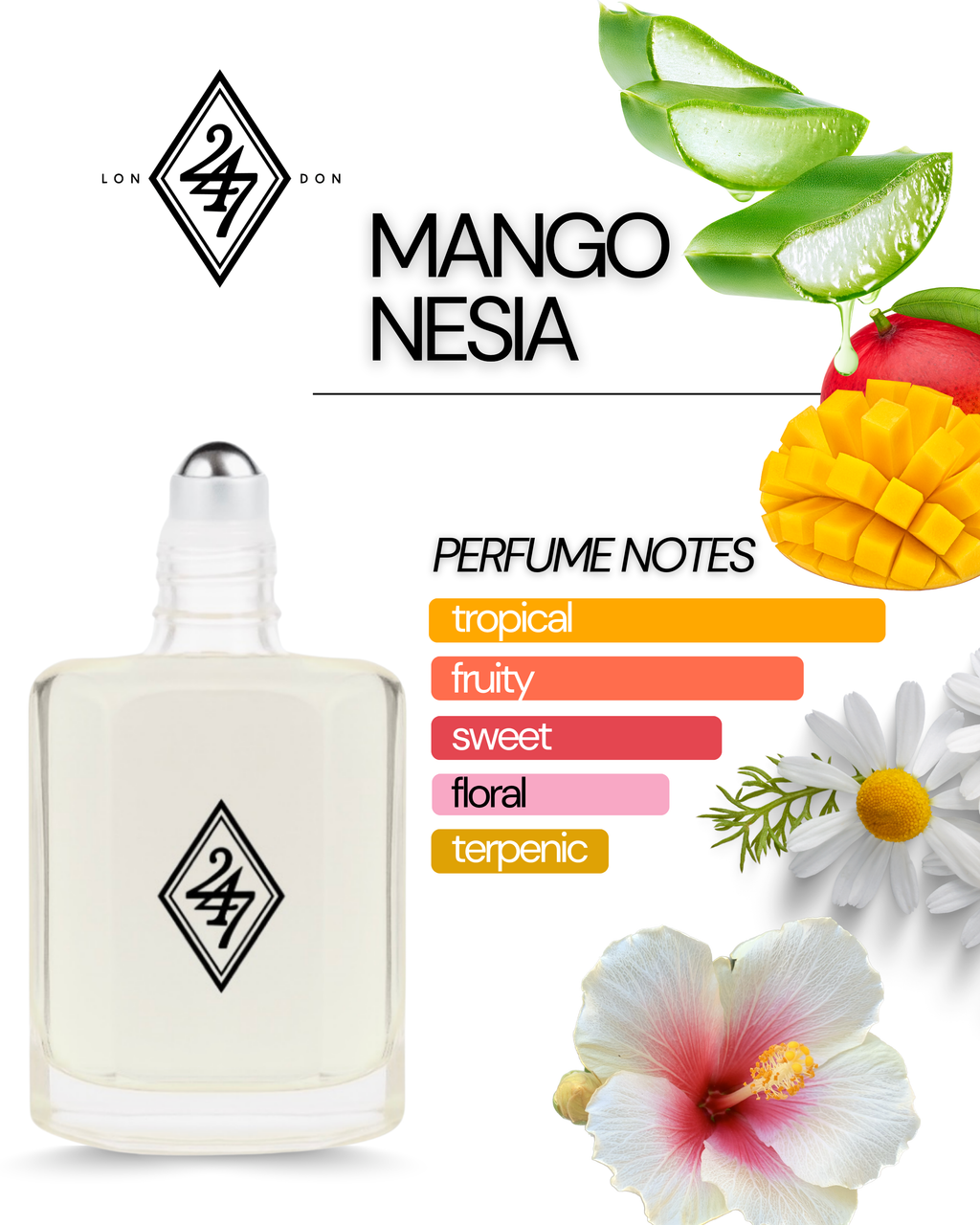 Mango Nesía Perfume Oil – Alcohol-free, long-lasting fragrance oil with mango, hibiscus, chamomile & refreshing aloe vera. Available in 3ml, 6ml, 12ml & 24ml sizes. Sweet, tropical & playful.