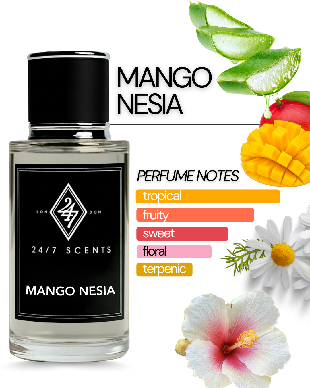 Mango Nesía Eau de Parfum 50ml – A tropical fragrance with mango, hibiscus, chamomile & refreshing aloe vera. Sweet, playful & long-lasting women’s perfume.