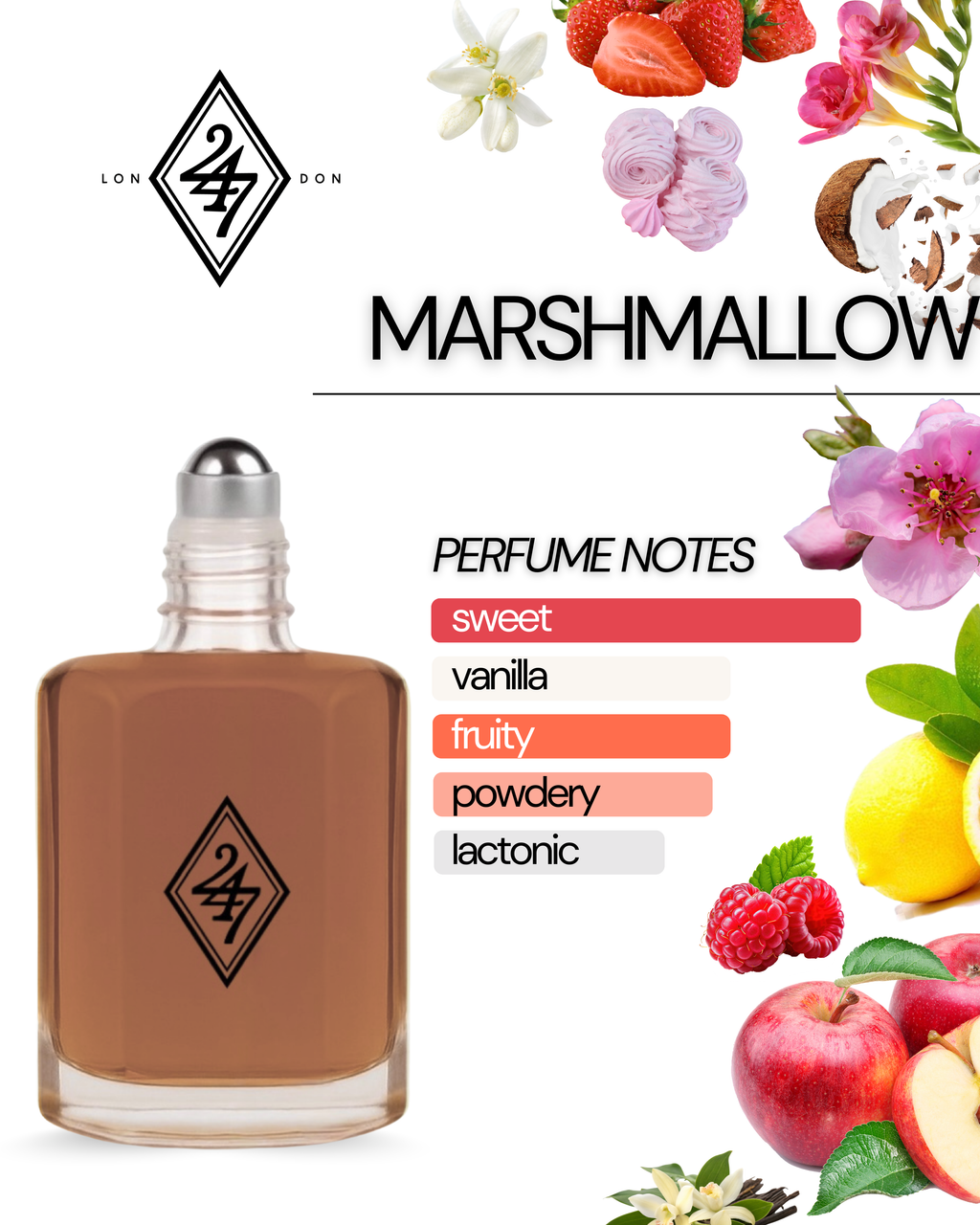 Marshmallow Fragrance Oil – 3ml, 6ml, 12ml & 24ml. A sweet blend of marshmallow, vanilla & sugar. Long-lasting, creamy & comforting scent.