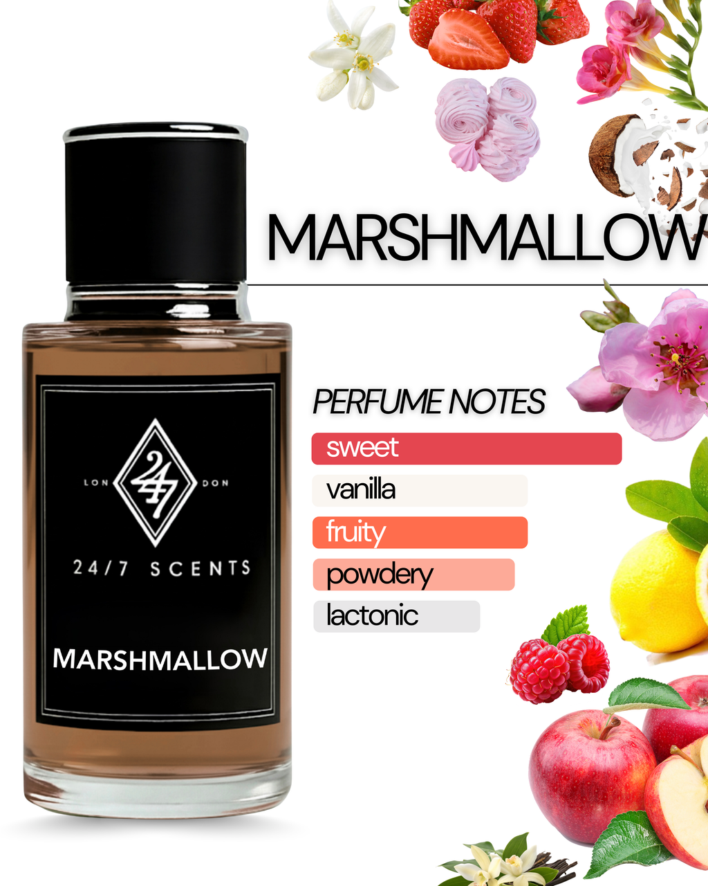 Marshmallow Eau de Parfum (50ml). A sweet blend of marshmallow, vanilla & sugar. Creamy, long-lasting & luxuriously comforting fragrance.