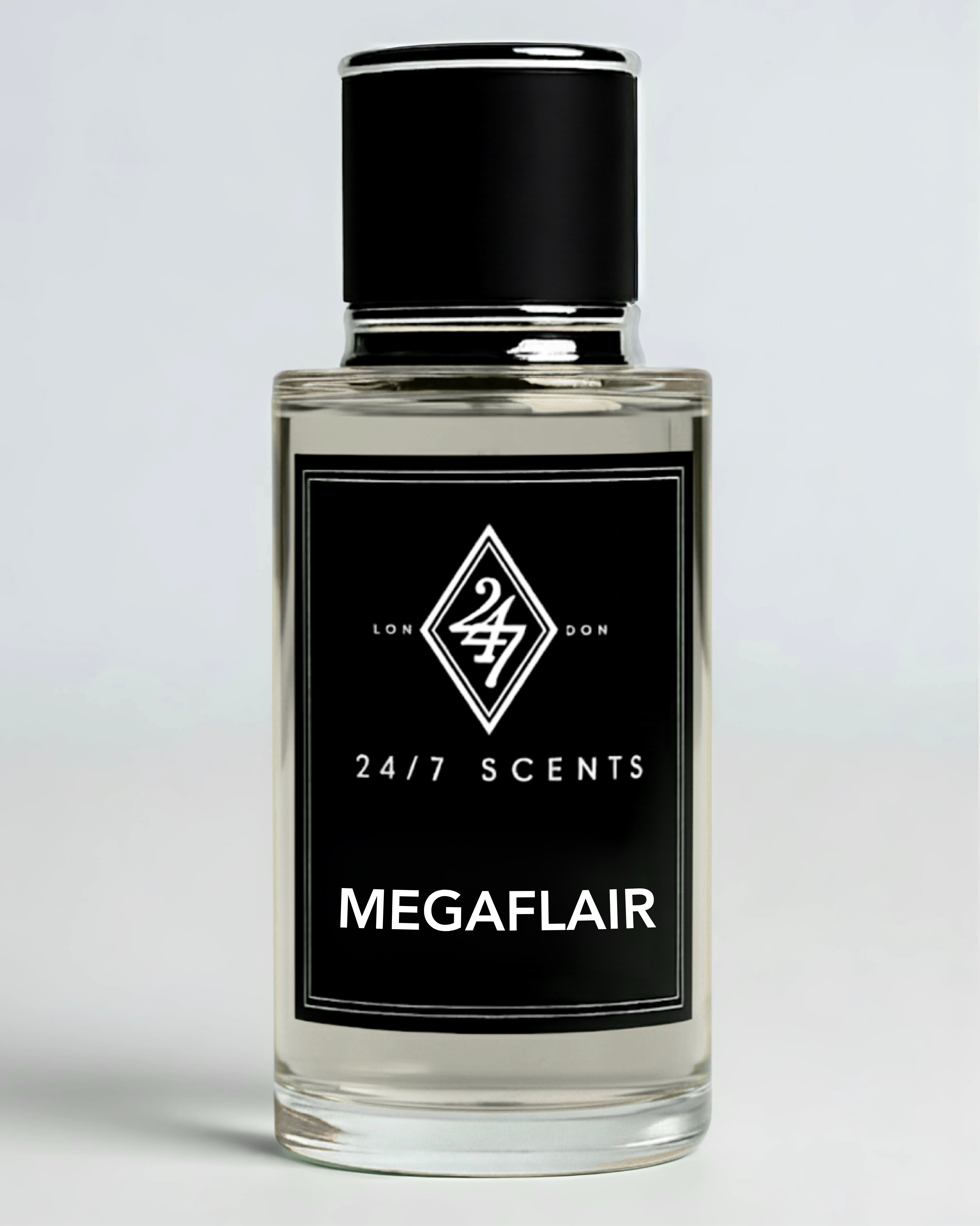 Megaflair Eau de Parfum 50ml – A bold unisex fragrance with bergamot & lemon top notes, marine heart of seaweed, calone & hedione, and a deep base of musk, ambroxan & cedar. Fresh, aquatic & long-lasting.
