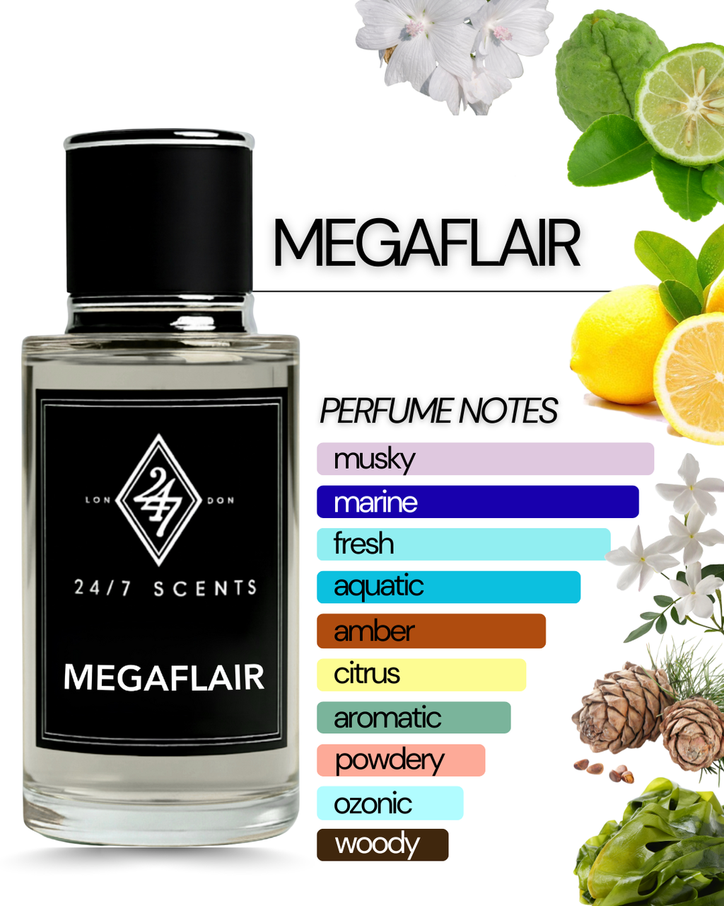 Megaflair Eau de Parfum 50ml – A bold unisex fragrance with bergamot & lemon top notes, marine heart of seaweed, calone & hedione, and a deep base of musk, ambroxan & cedar. Fresh, aquatic & long-lasting.
