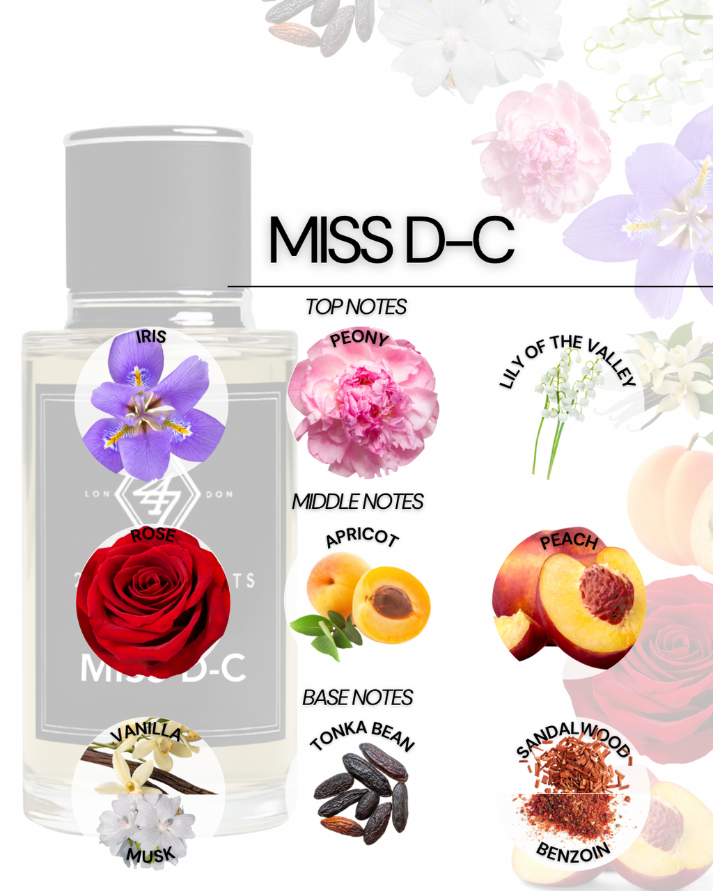 Miss D-C Eau de Parfum 50ml – A women’s fragrance with iris, peony & lily of the valley, a fruity-floral heart of rose, apricot & peach, and a warm vanilla, musk, tonka bean, sandalwood & benzoin base. Elegant & long-lasting.