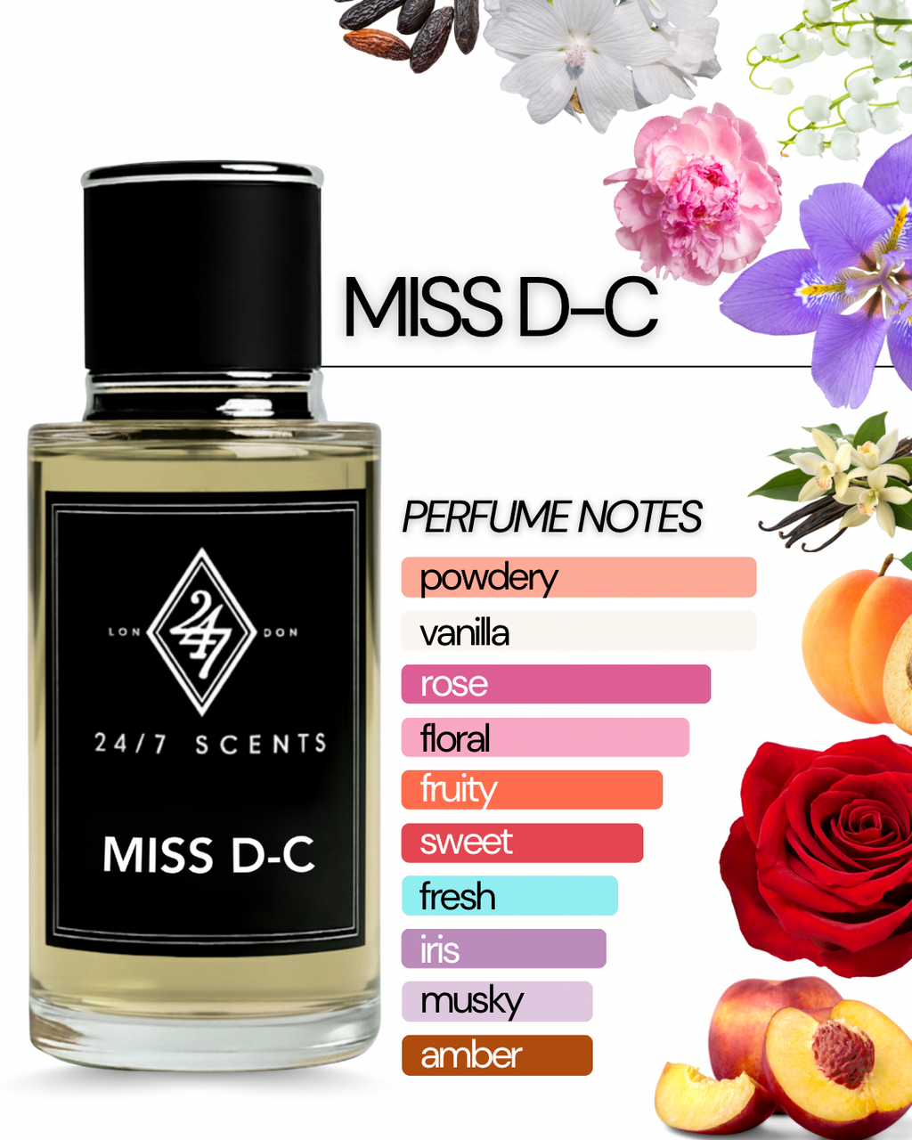 Miss D-C Eau de Parfum 50ml – A women’s fragrance with iris, peony & lily of the valley, a fruity-floral heart of rose, apricot & peach, and a warm vanilla, musk, tonka bean, sandalwood & benzoin base. Elegant & long-lasting.