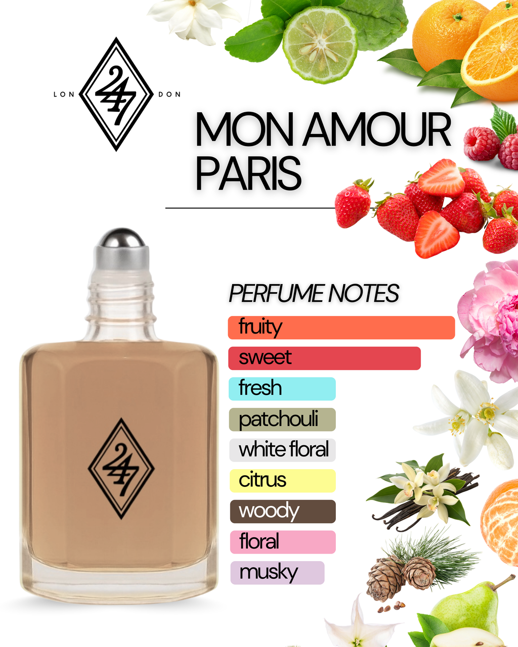 Mon Amour Paris Fragrance Oil – 3ml, 6ml, 12ml & 24ml. A romantic blend of fruits, florals & musk. Long-lasting, elegant & luxurious scent.
