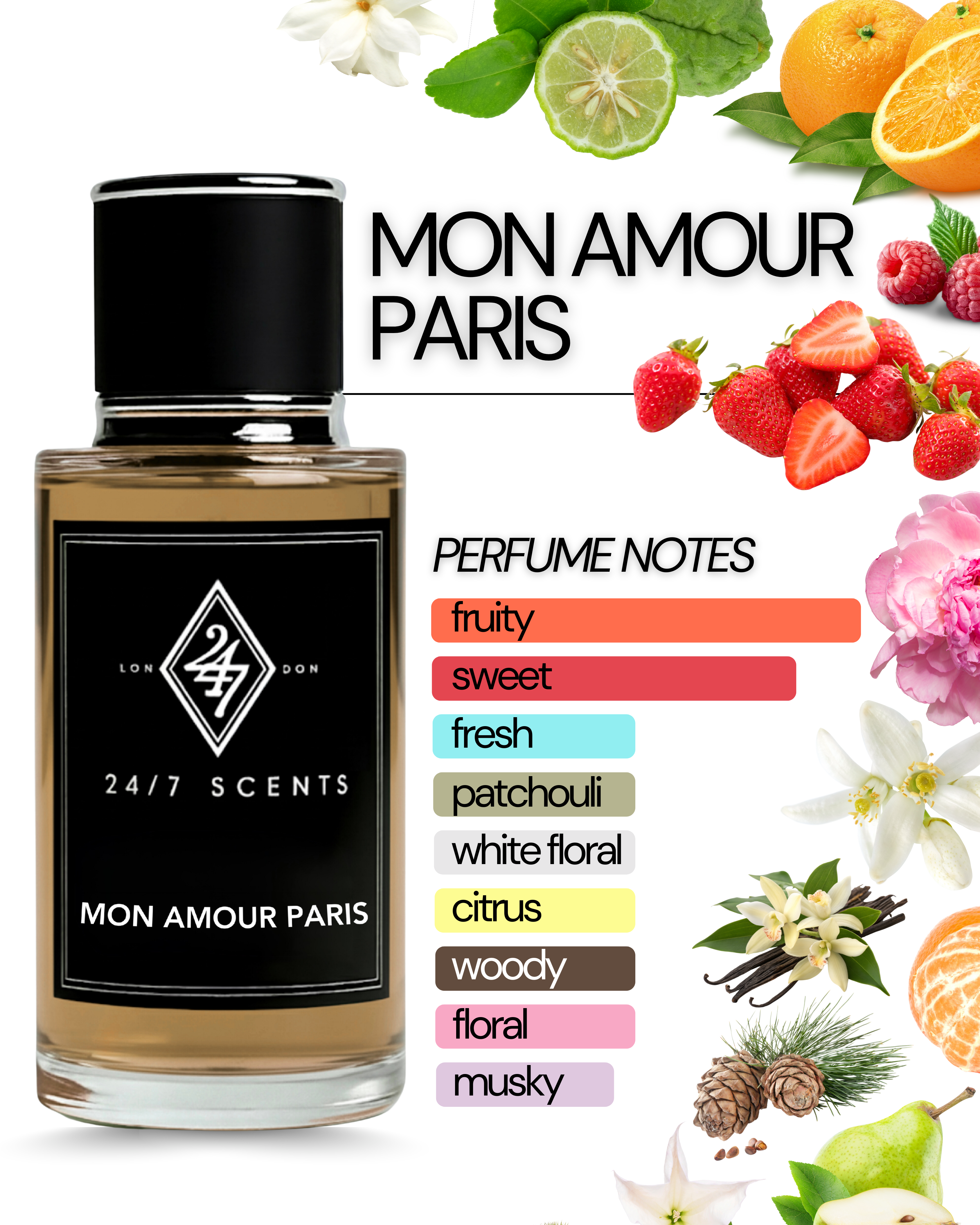Mon Amour Paris Eau de Parfum (50ml). A romantic blend of fruits, florals & musk. Elegant, long-lasting & luxuriously feminine fragrance.