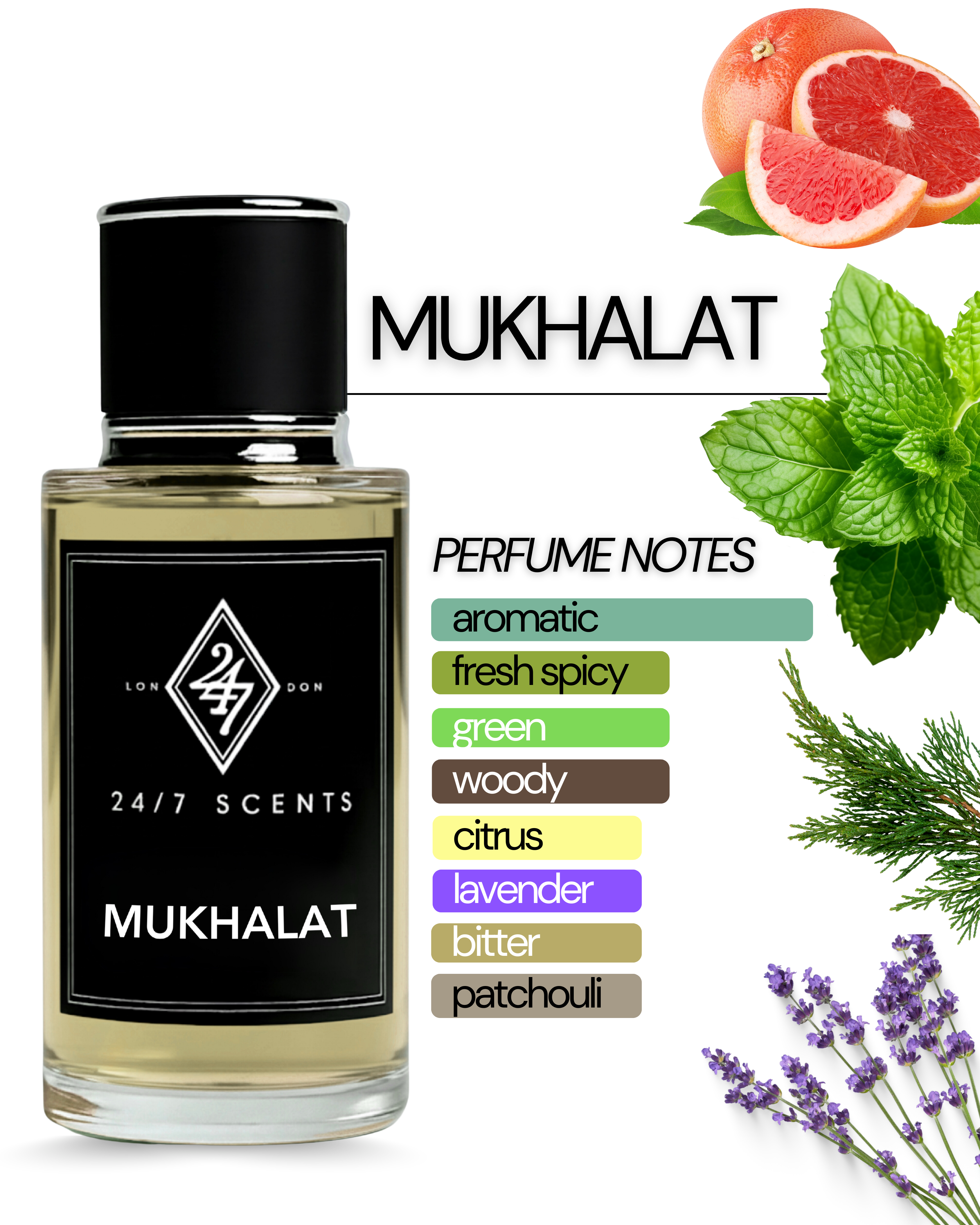 Mukhalat Eau de Parfum (50ml). A fresh fragrance with absinthe, mint, lavender, and patchouli. Aromatic, modern, and long-lasting.