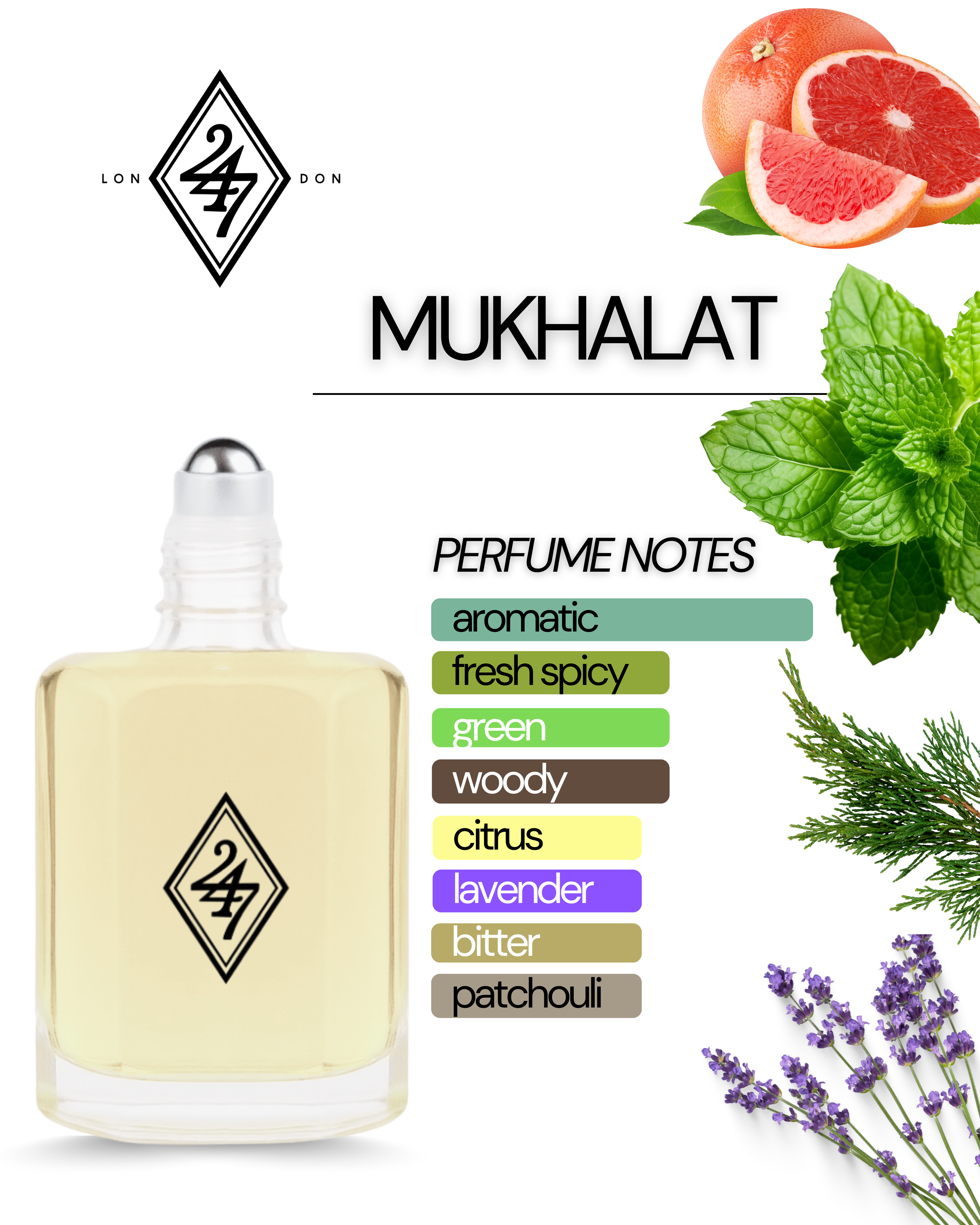 Mukhalat Fragrance Oil – Available in 3ml, 6ml, 12ml & 24ml. A fresh blend of absinthe, mint, lavender & patchouli. Bold, refined & long-lasting.
