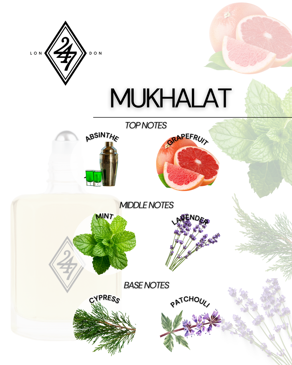 Mukhalat Fragrance Oil – Available in 3ml, 6ml, 12ml & 24ml. A fresh blend of absinthe, mint, lavender & patchouli. Bold, refined & long-lasting.