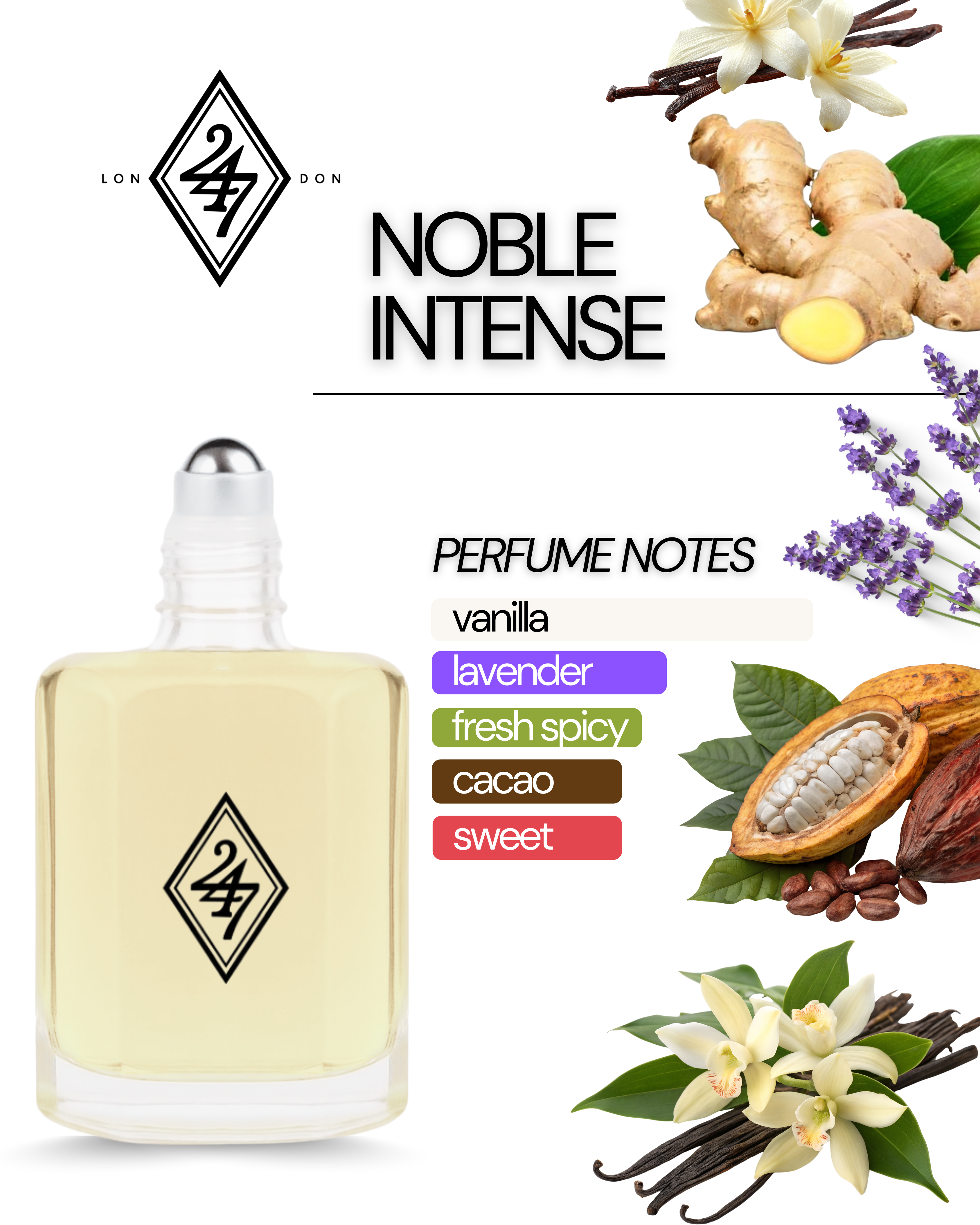 Noble Intense Fragrance Oil – Available in 3ml, 6ml, 12ml & 24ml. A rich vanilla fragrance with cacao, lavender & warm notes. Elegant & long-lasting.